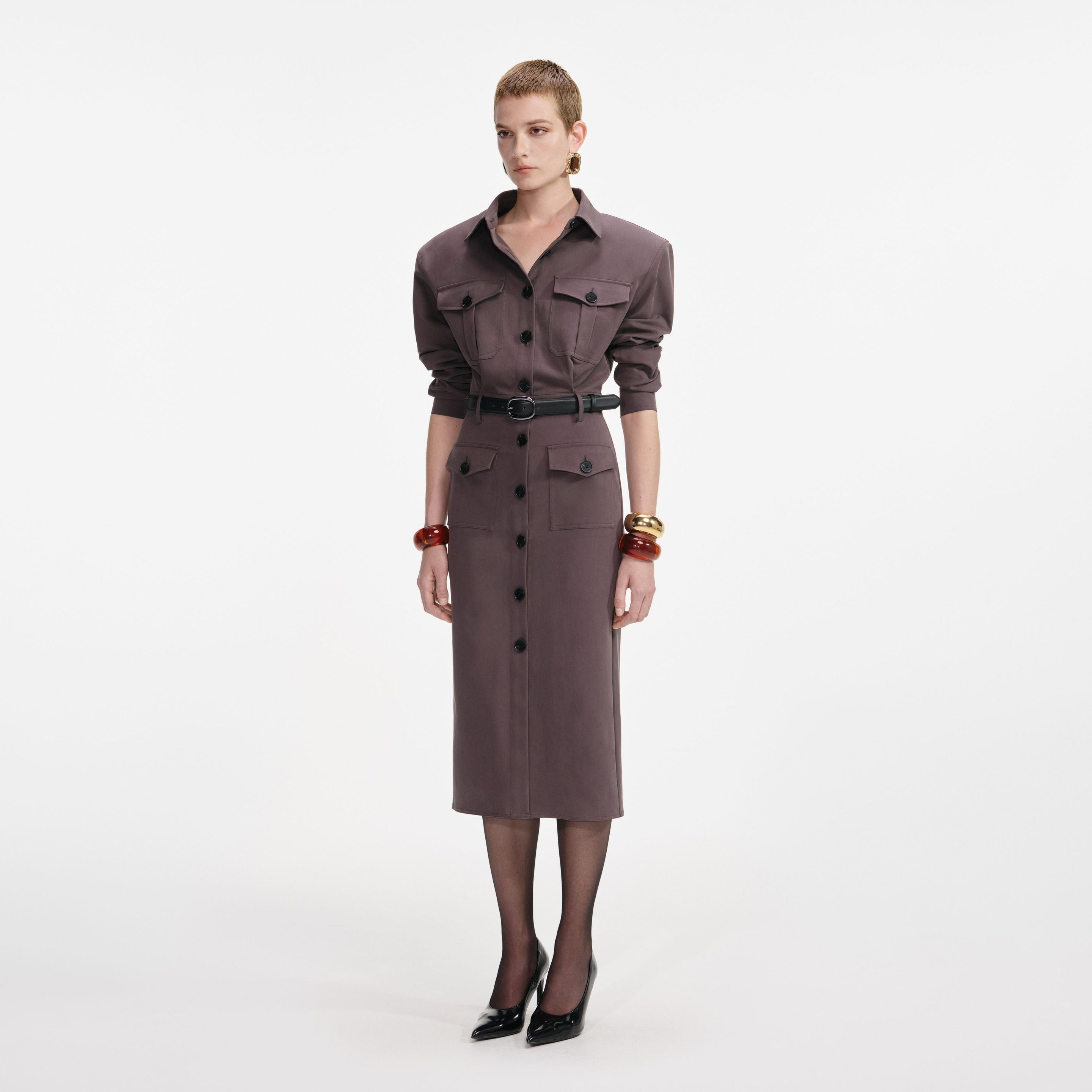 Brown Cotton Belted Midi Dress - 2