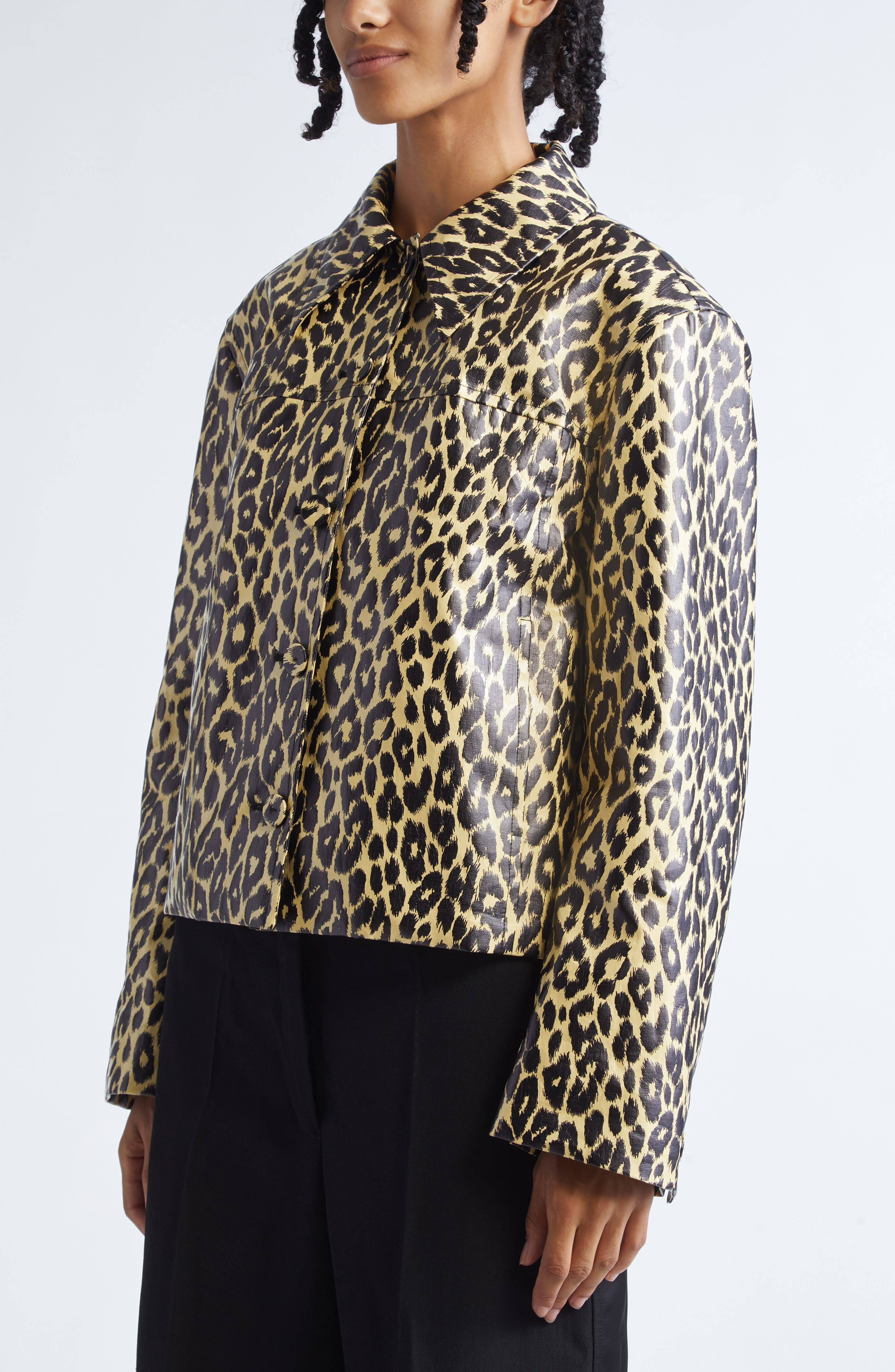 Jil Sander Leopard Print Coated Linen Crop Jacket in Canvas Beige at Nordstrom - 5