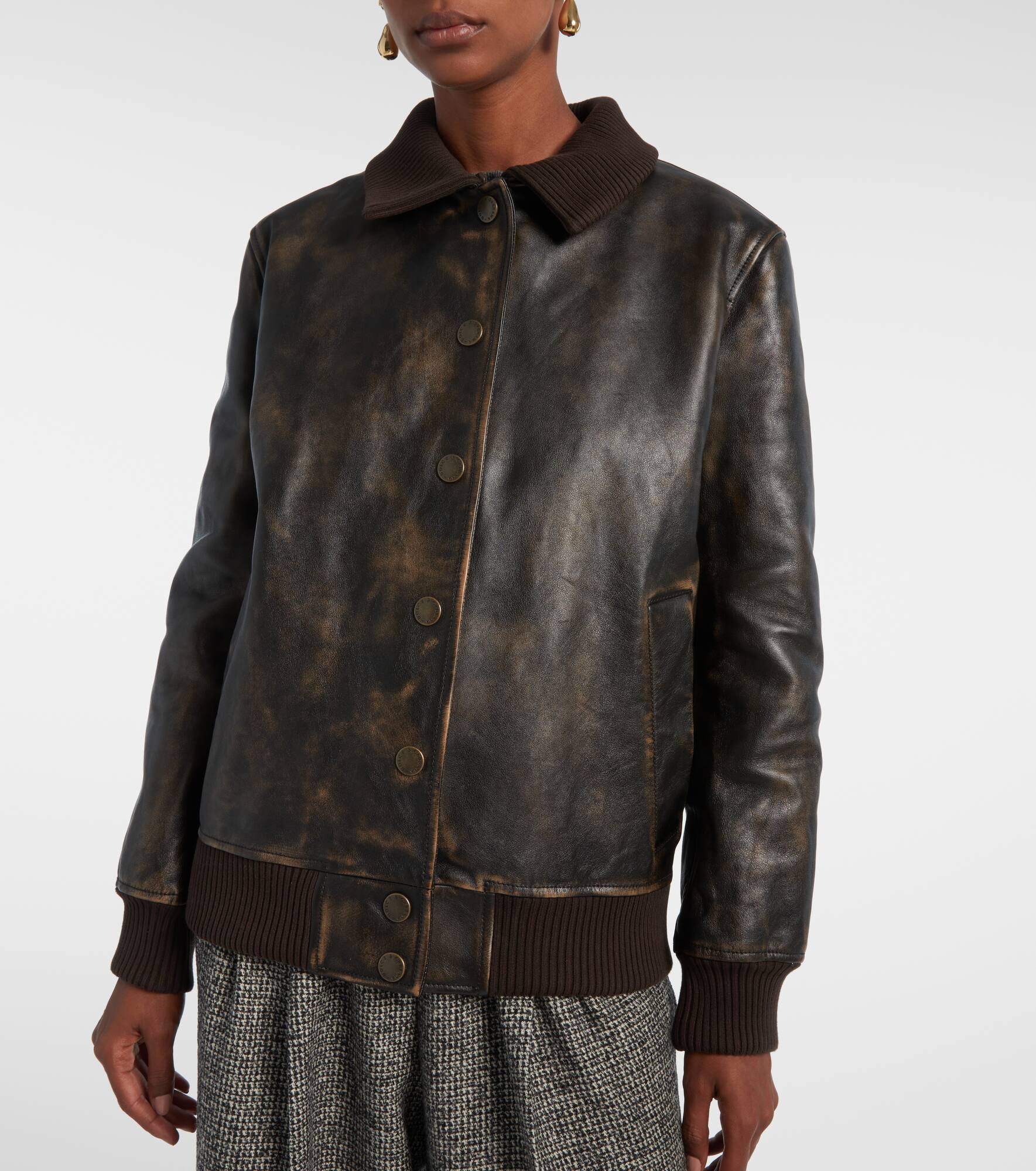 Shearling-trimmed leather bomber jacket - 6