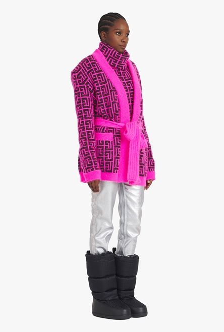 Capsule After ski - Neon pink and black Balmain-monogrammed wool cardigan - 7