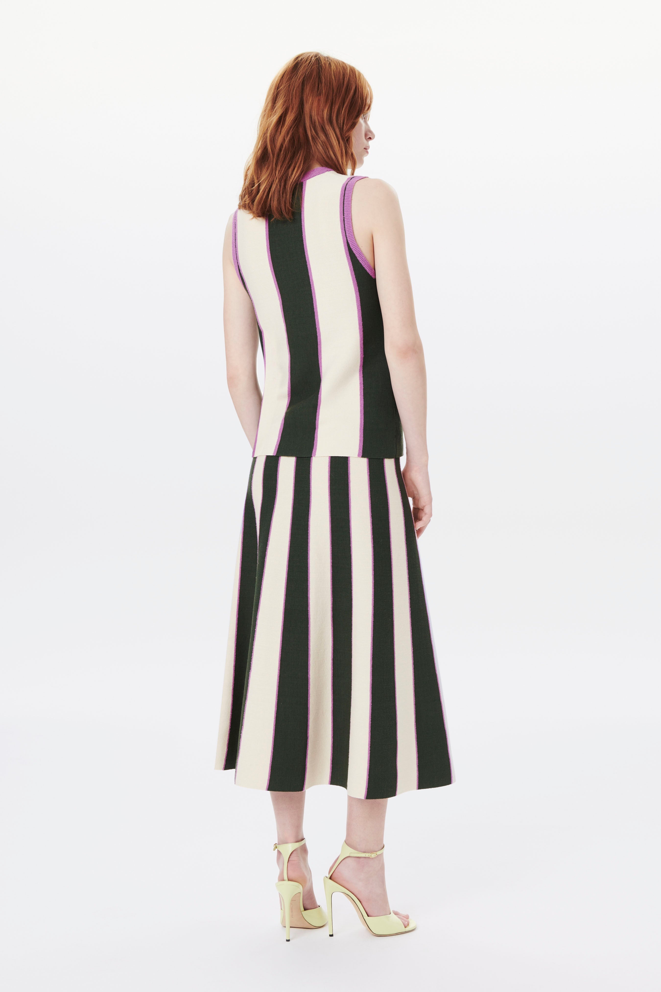Flared Knitted Skirt in Khaki, Violet Stripe - 4