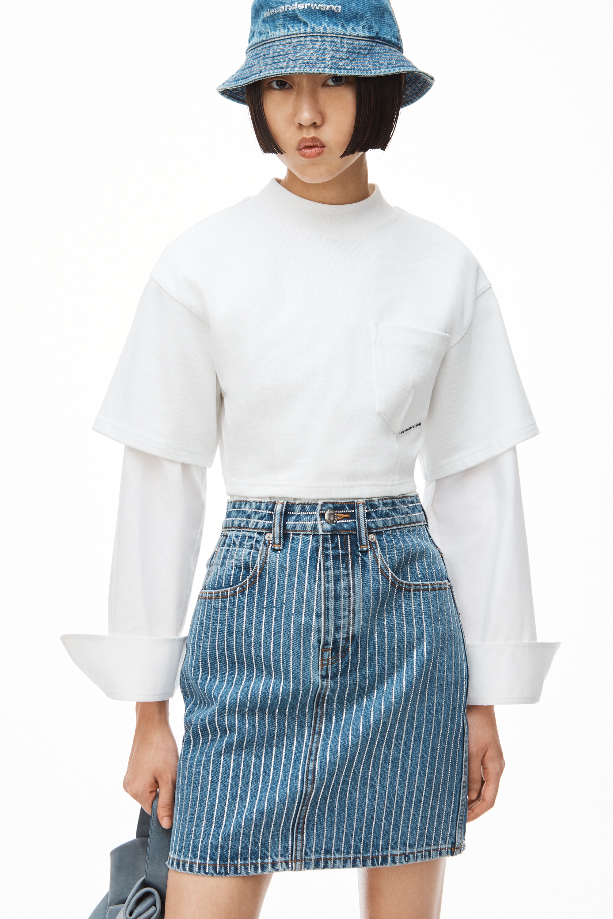 CRYSTAL STRIPE SKIRT IN DENIM - 6