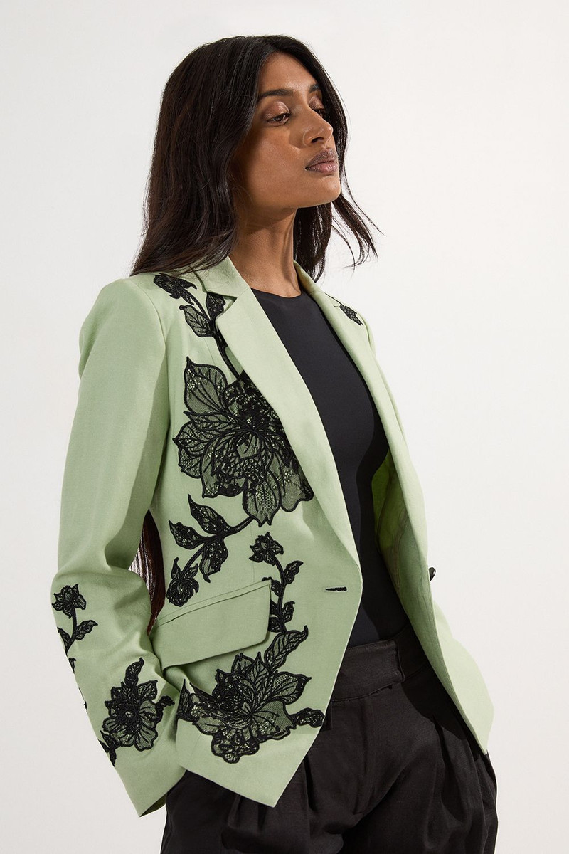 KAREN MILLEN Viscose Linen Placed Floral Lace Embroideried Tailored Jacket outlook