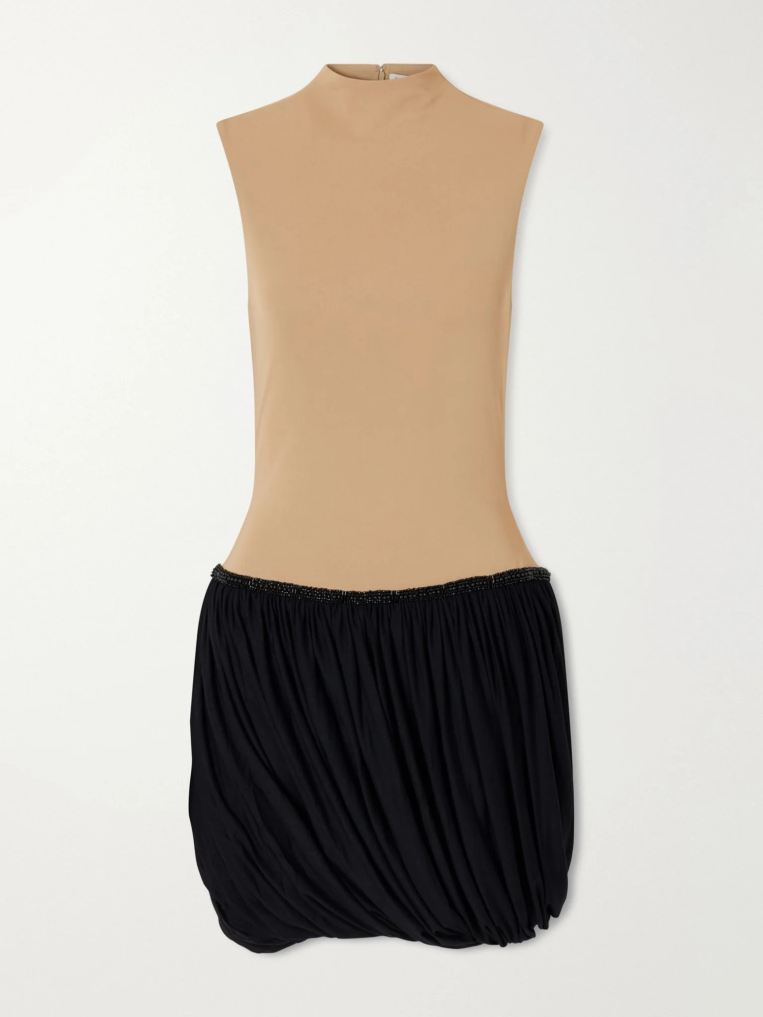 Draped bead-embellished two-tone jersey mini dress Tan - 1