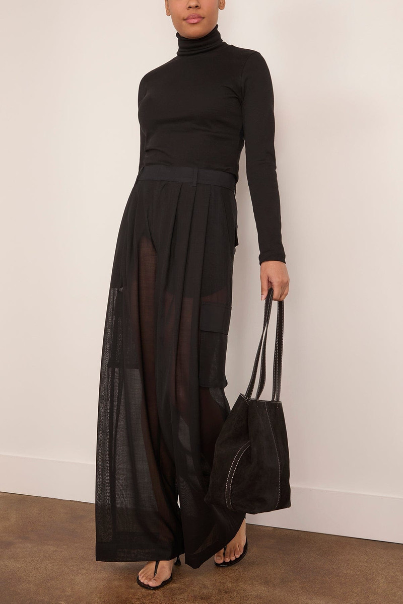 Tibi Sheer Wool Gauze Triple Pleat Pant in Black outlook