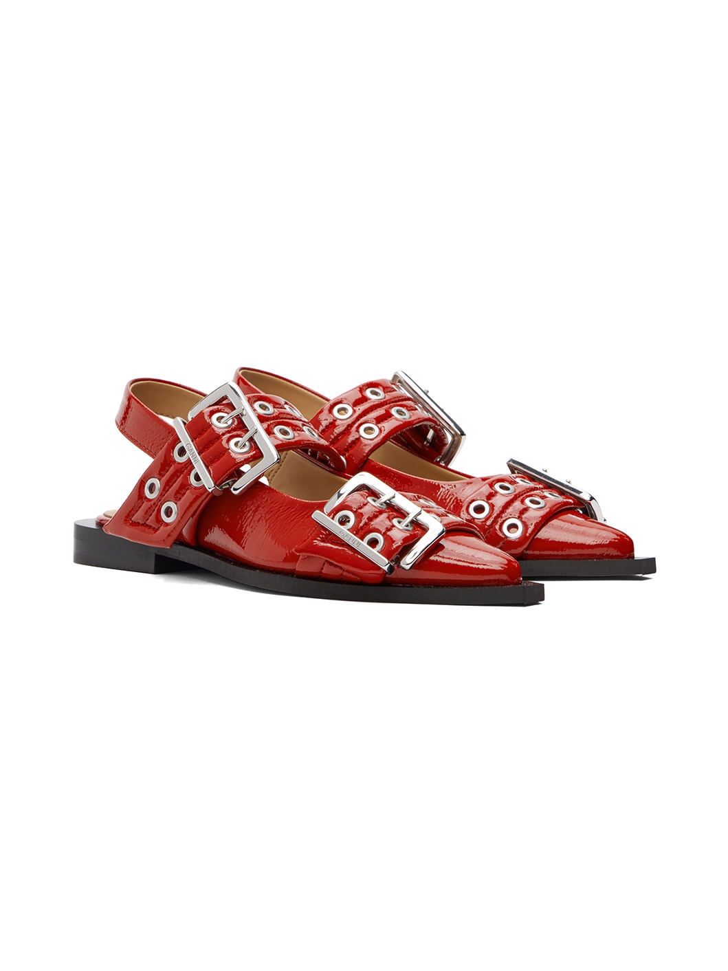 Red Wide Welt Buckle Ballerina Flats - 4