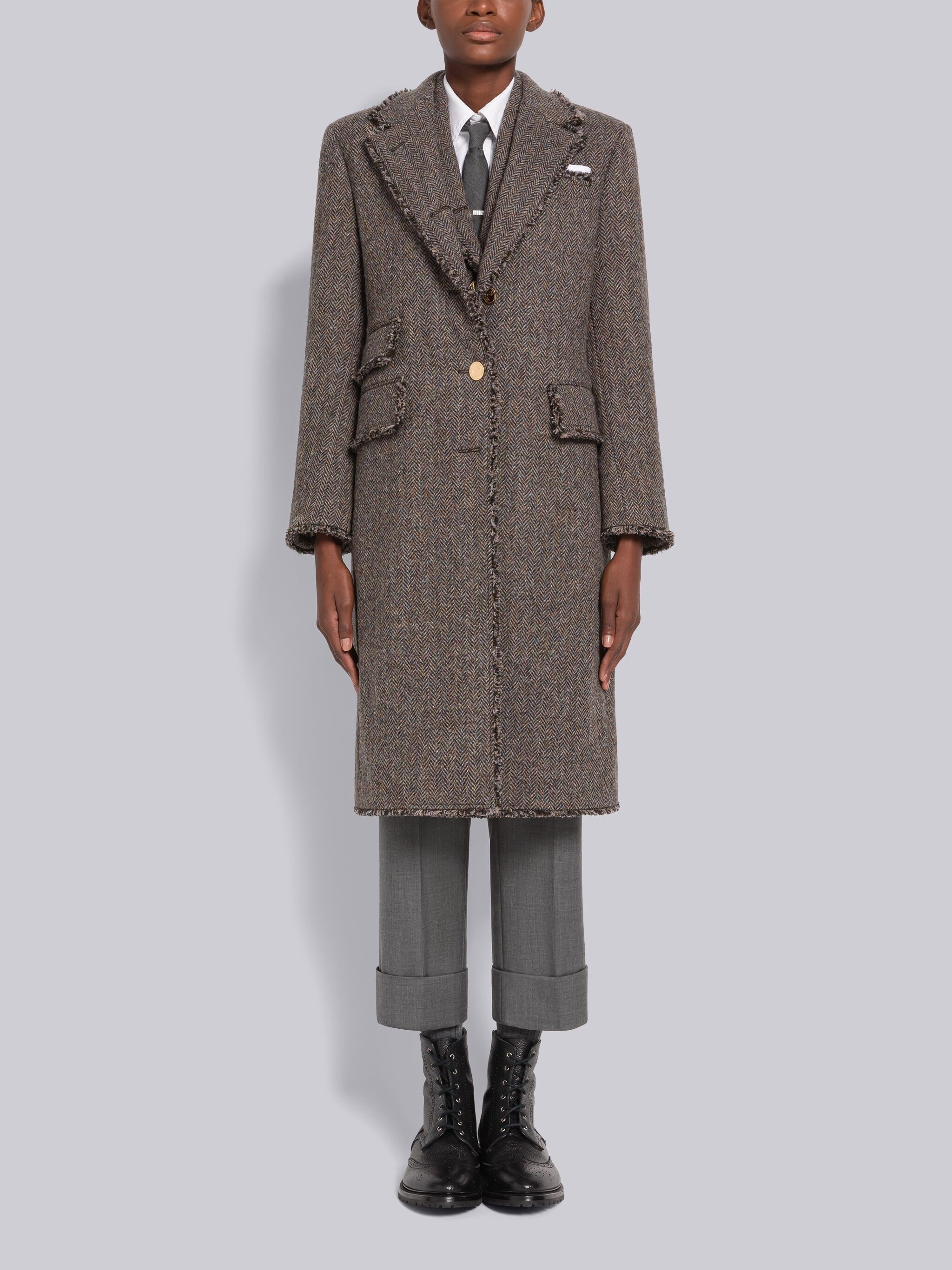 Herringbone Frayed Single Vent Overcoat - 4
