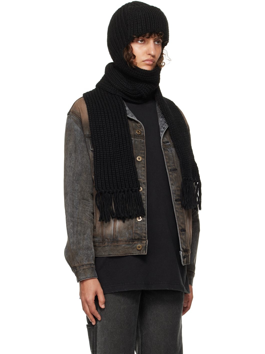 Black Chunky Muffler Beanie - 4
