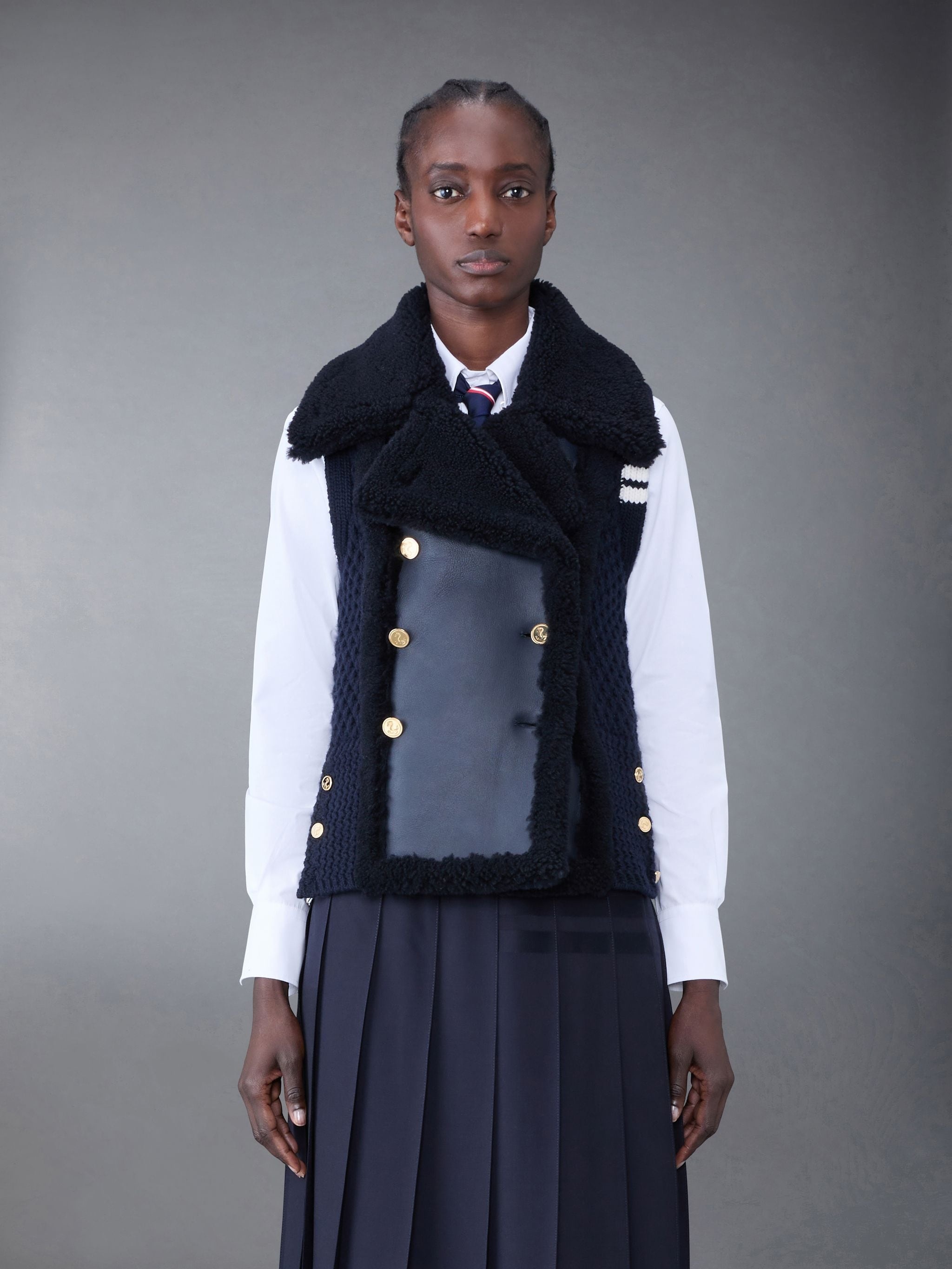 Textured Wool and Shearling 4-Bar Combo Vest - 1