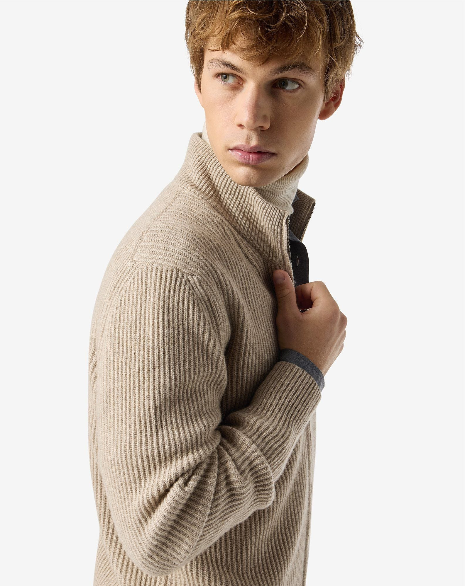 Beige full zip cashmere blend jumper - 5