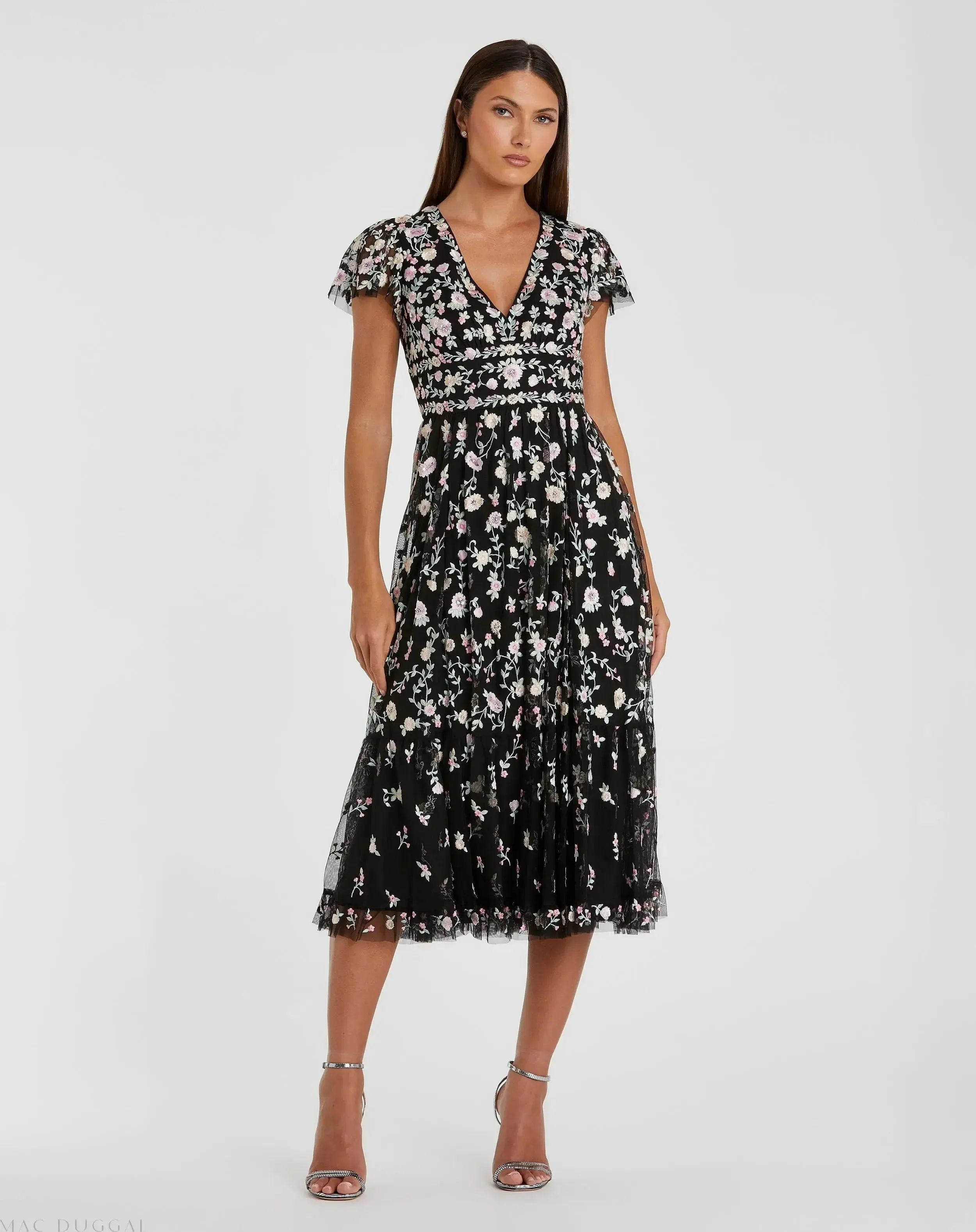 Black Multicolor Embroidered V Neck Cap Sleeve Midi Dress - 1