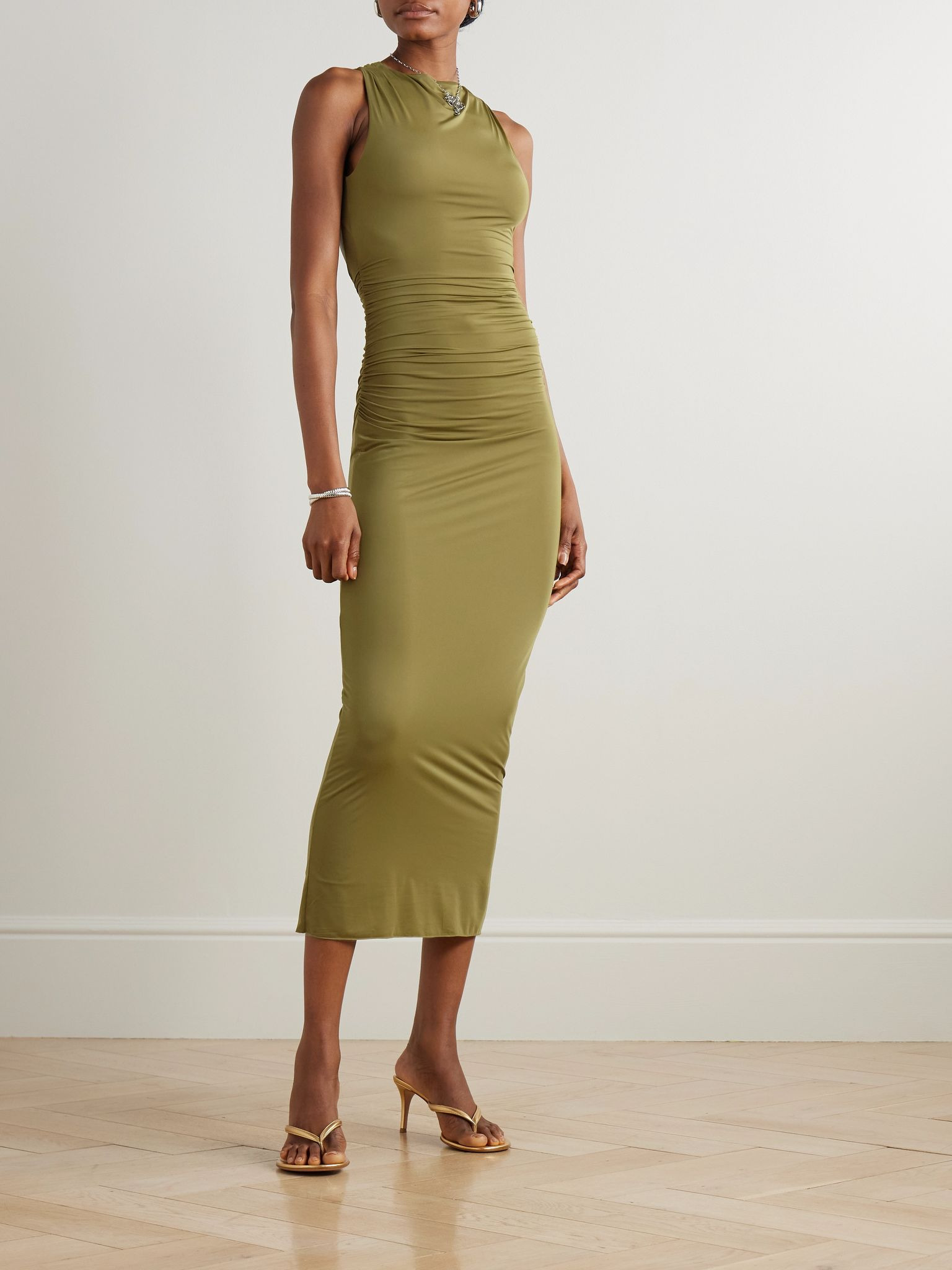 Cascina open-back gathered stretch-jersey midi dress Green - 3