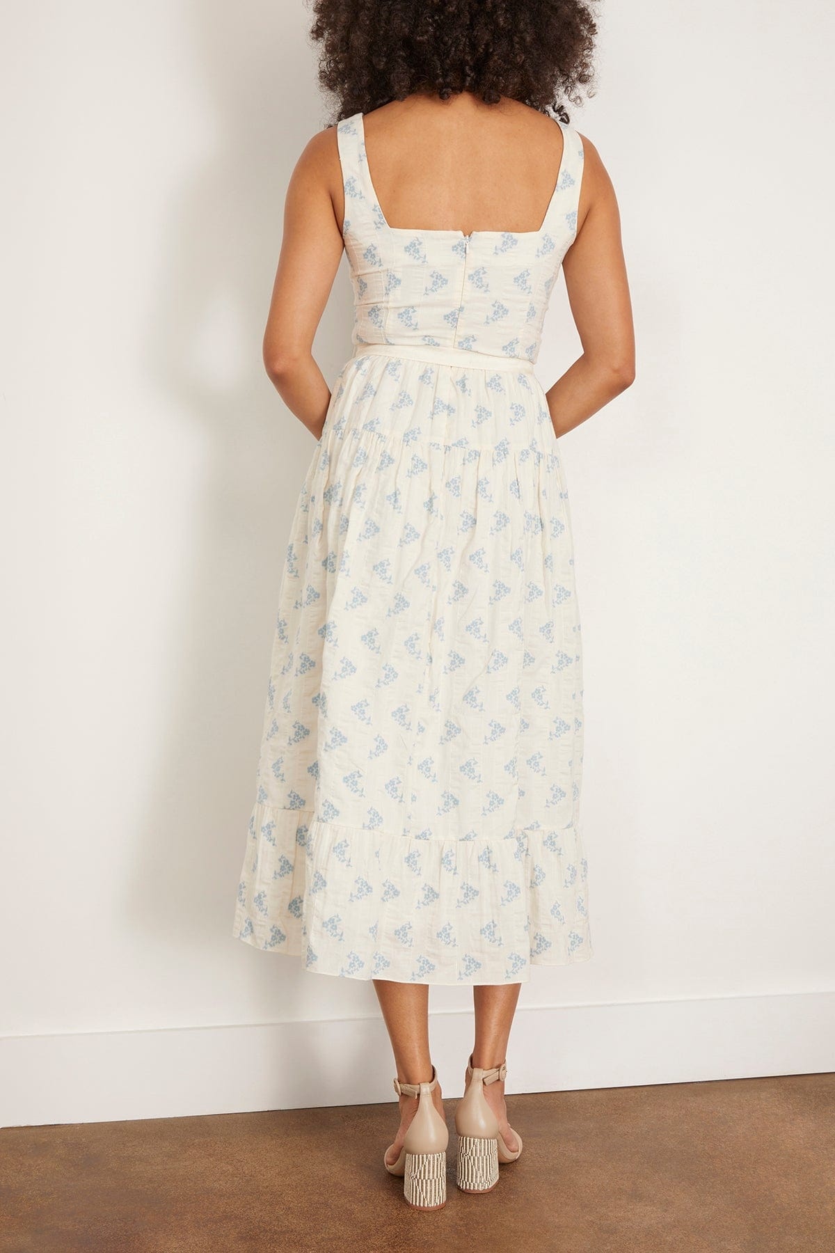 Pansy Tiered Midi Dress with Bow Belt in Ivory and Blue Floral - 4
