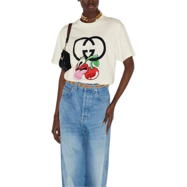 (WMNS) Gucci Cotton Jersey Printed T-Shirt 'Off White' 776596-XJGHP-9088 - 5