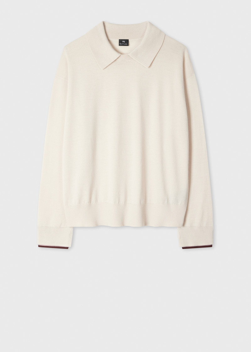 Women's Cream Merino Wool Knit Collared Sweater 1