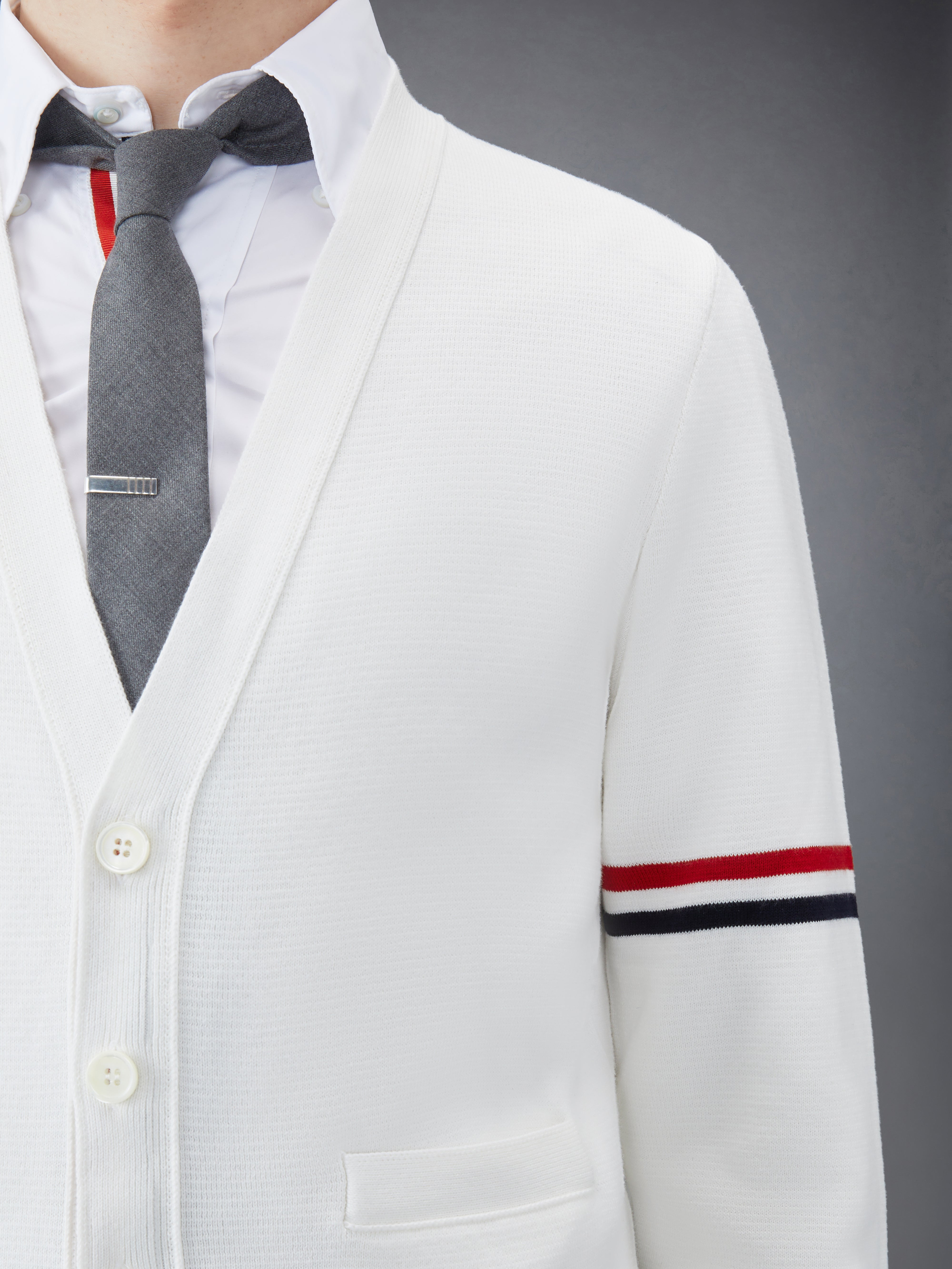 White Cotton Milano Stitch Stripe Armband V-Neck Cardigan - 6