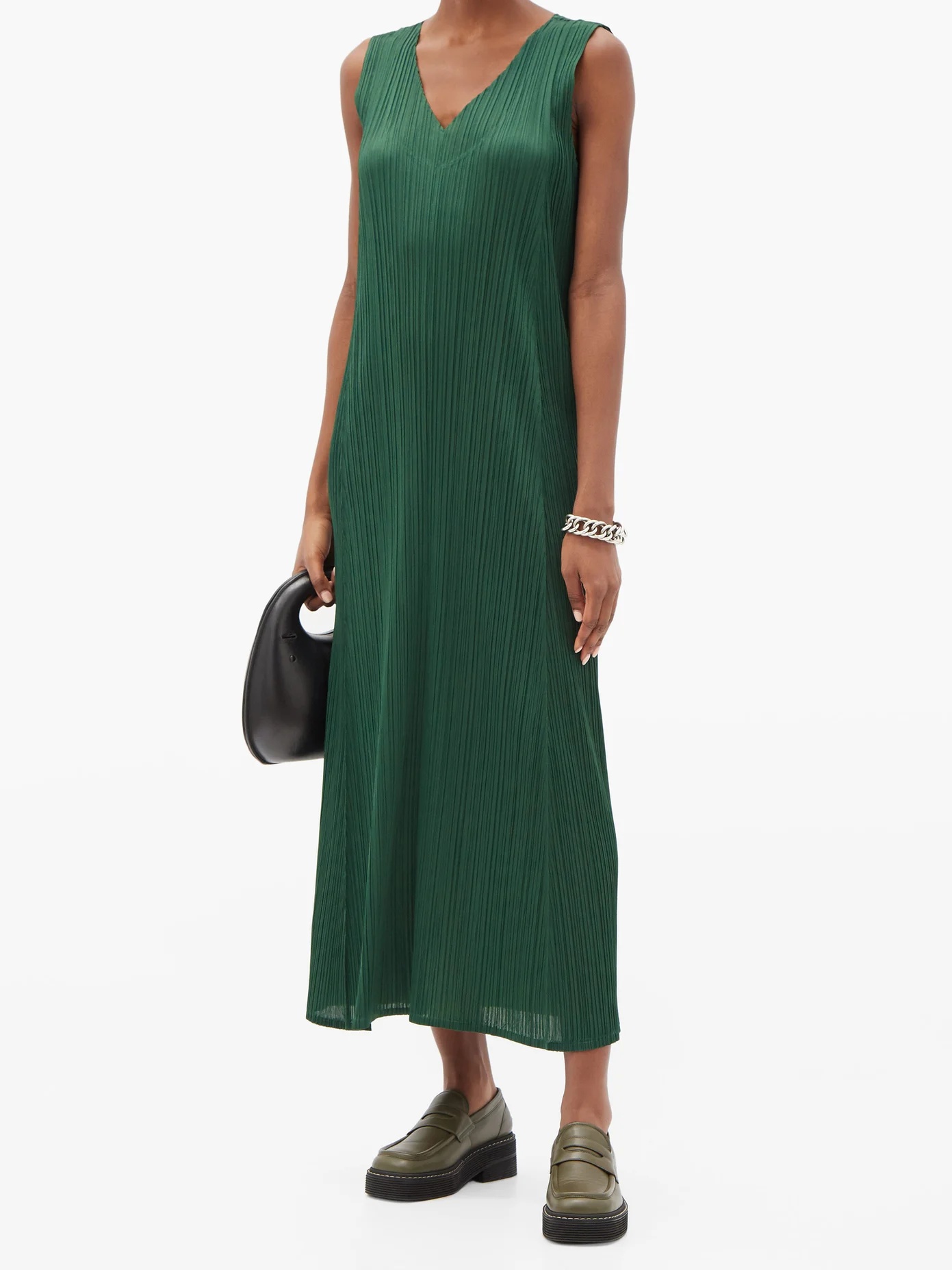 V-neck technical-pleated longline dress - 2