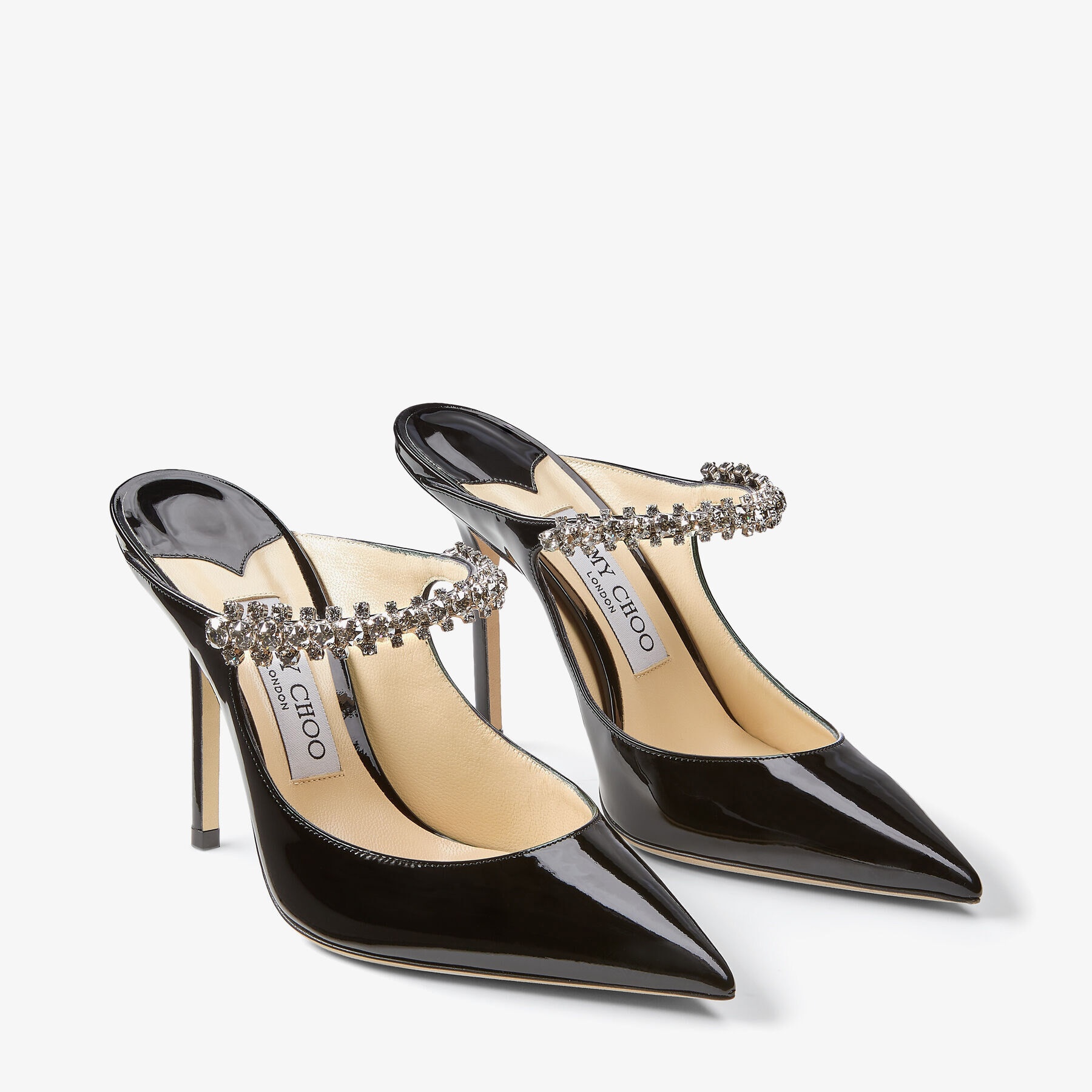 JIMMY CHOO直営OUTLET(DIAMOND ) エナメルスリングヒール JIMMY CHOO Bing 100 Black Patent Leather Mules with Crystal