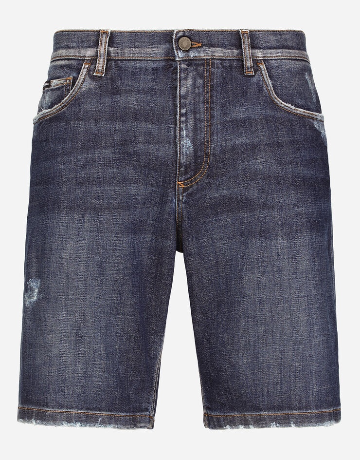 Blue denim shorts with rips and embroidery - 3