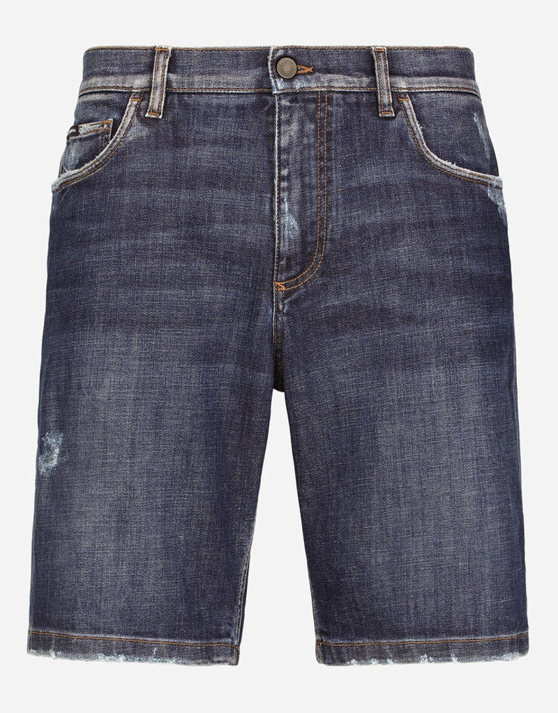 Blue denim shorts with rips and embroidery 3