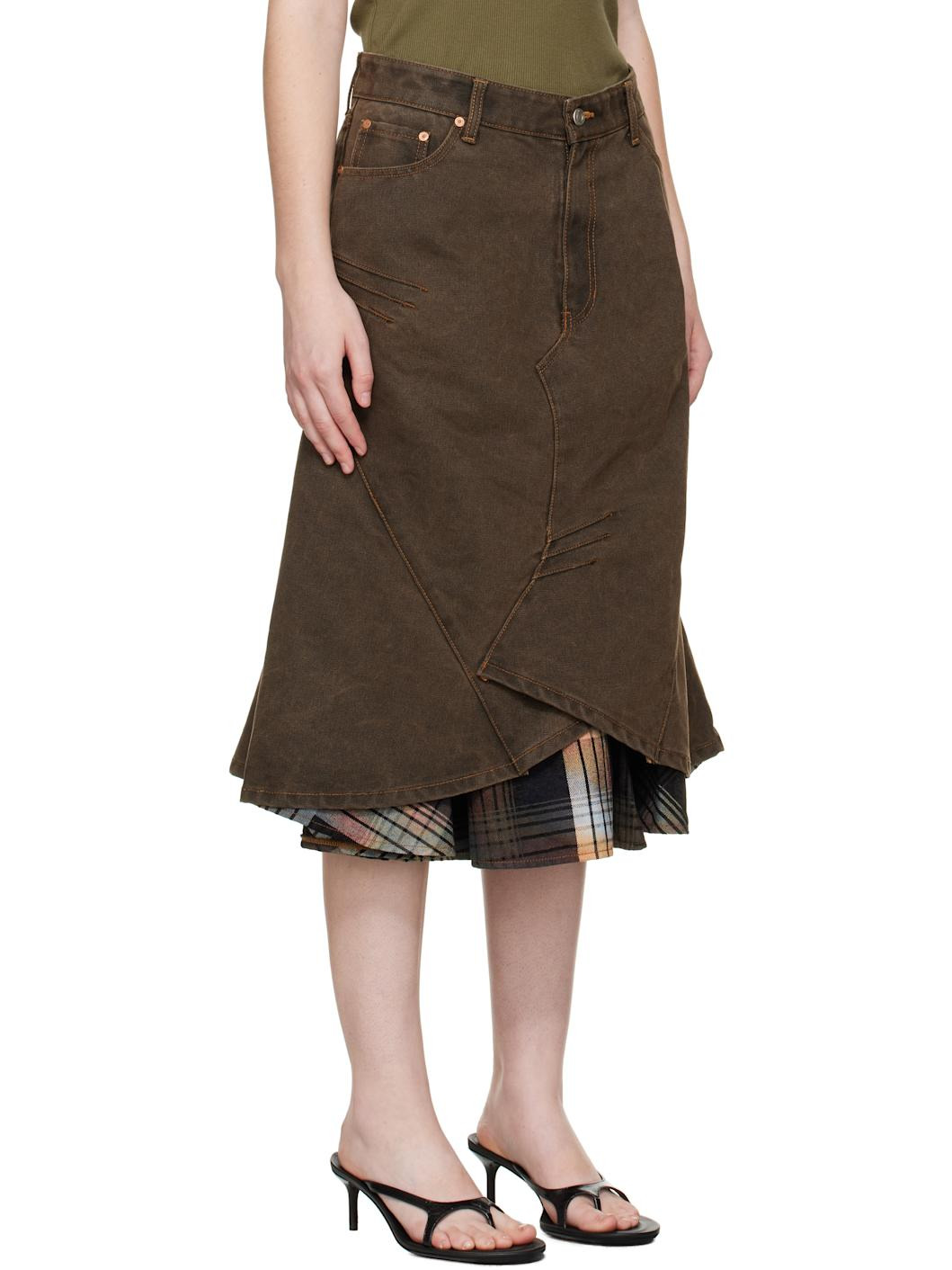Brown Custom Flare Layered Denim Midi Skirt - 2