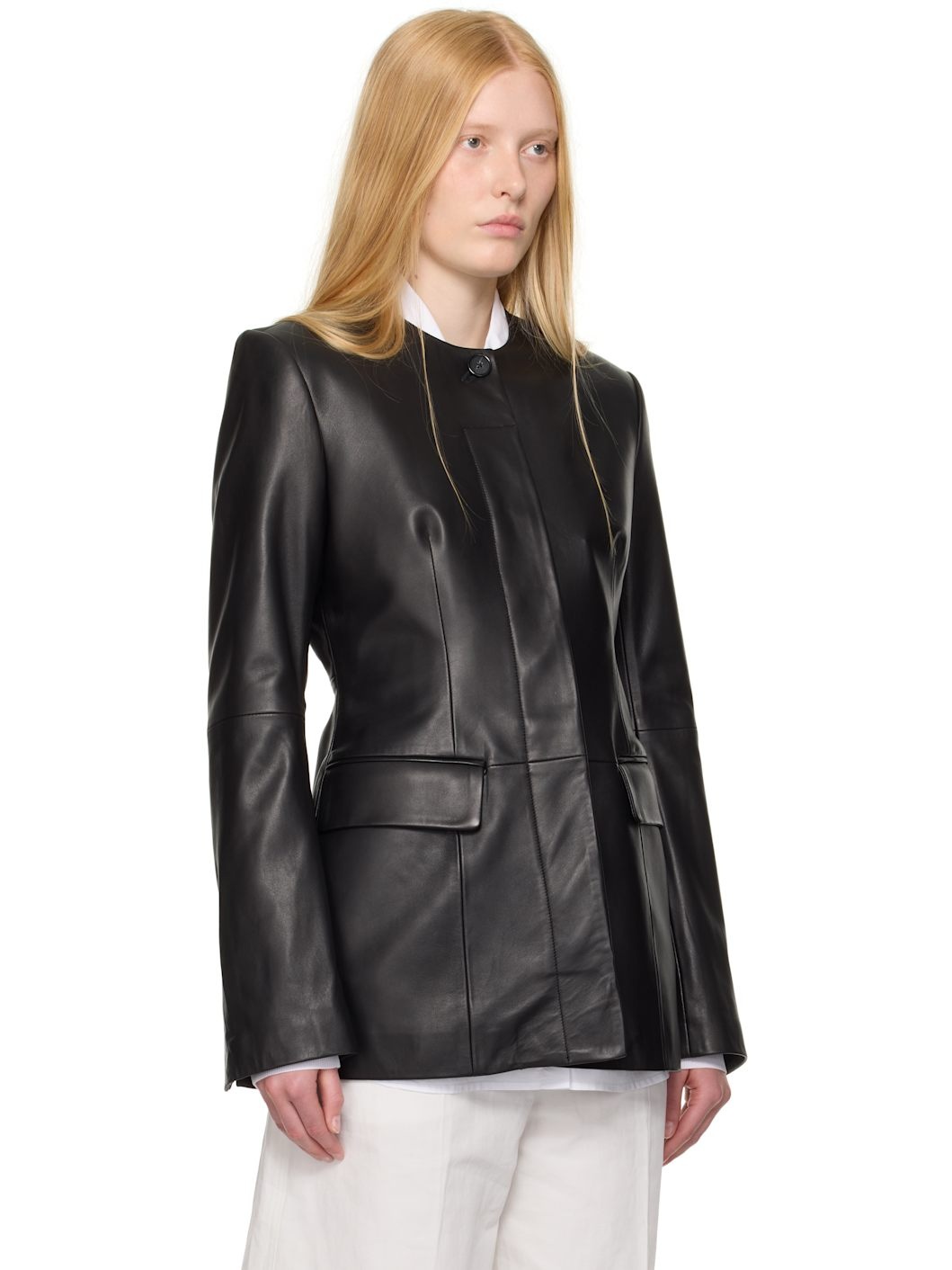 Black Collarless Leather Jacket - 2