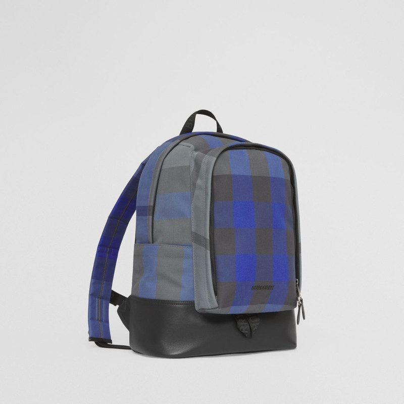 Large Check Cotton Canvas and Leather Backpack 5