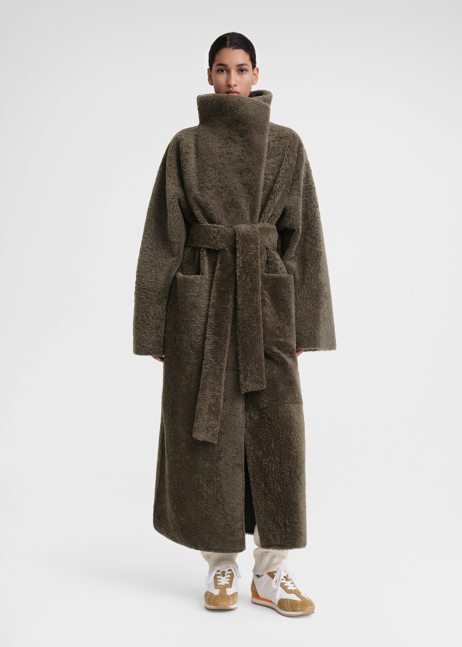 Belted teddy shearling coat cement green - 6