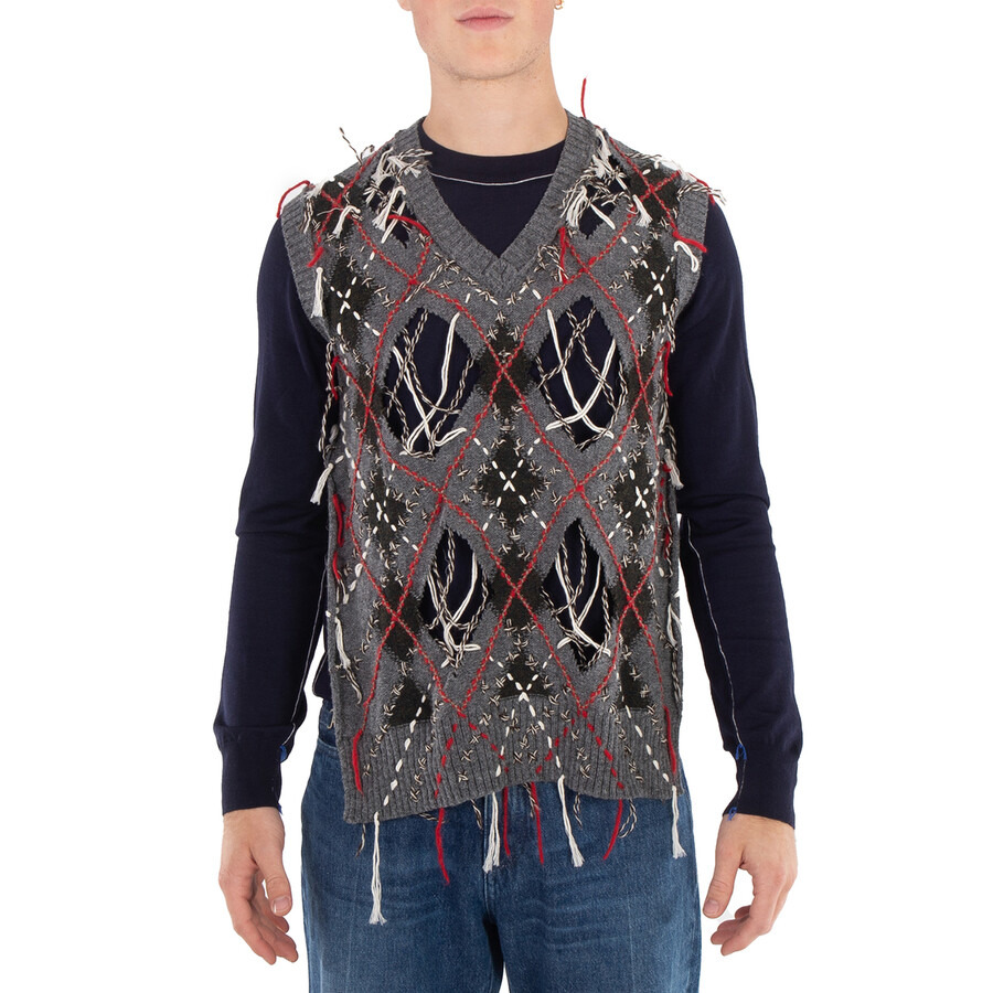 Maison Margiela Men's Grey / Dark Green / Walnut Cut-Out Intarsia-Knit Vest - 3