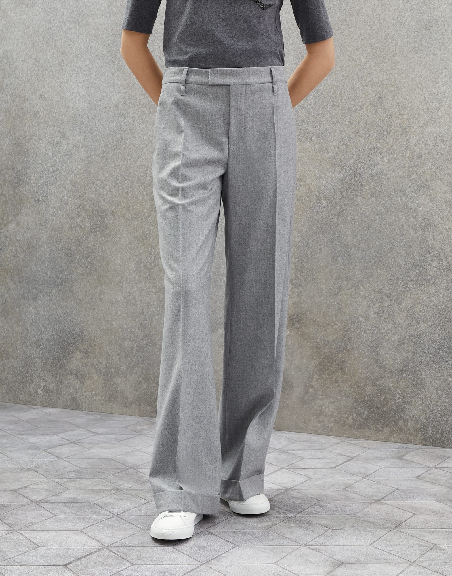 Virgin wool flannel loose flared trousers with monili - 1