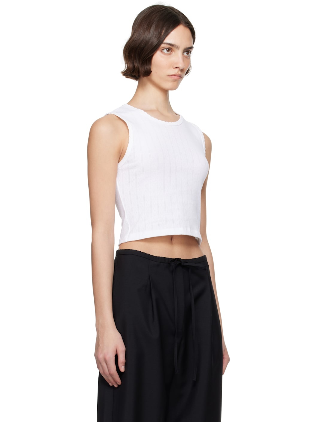 White Pointelle Sleeveless Crew Tank Top - 2