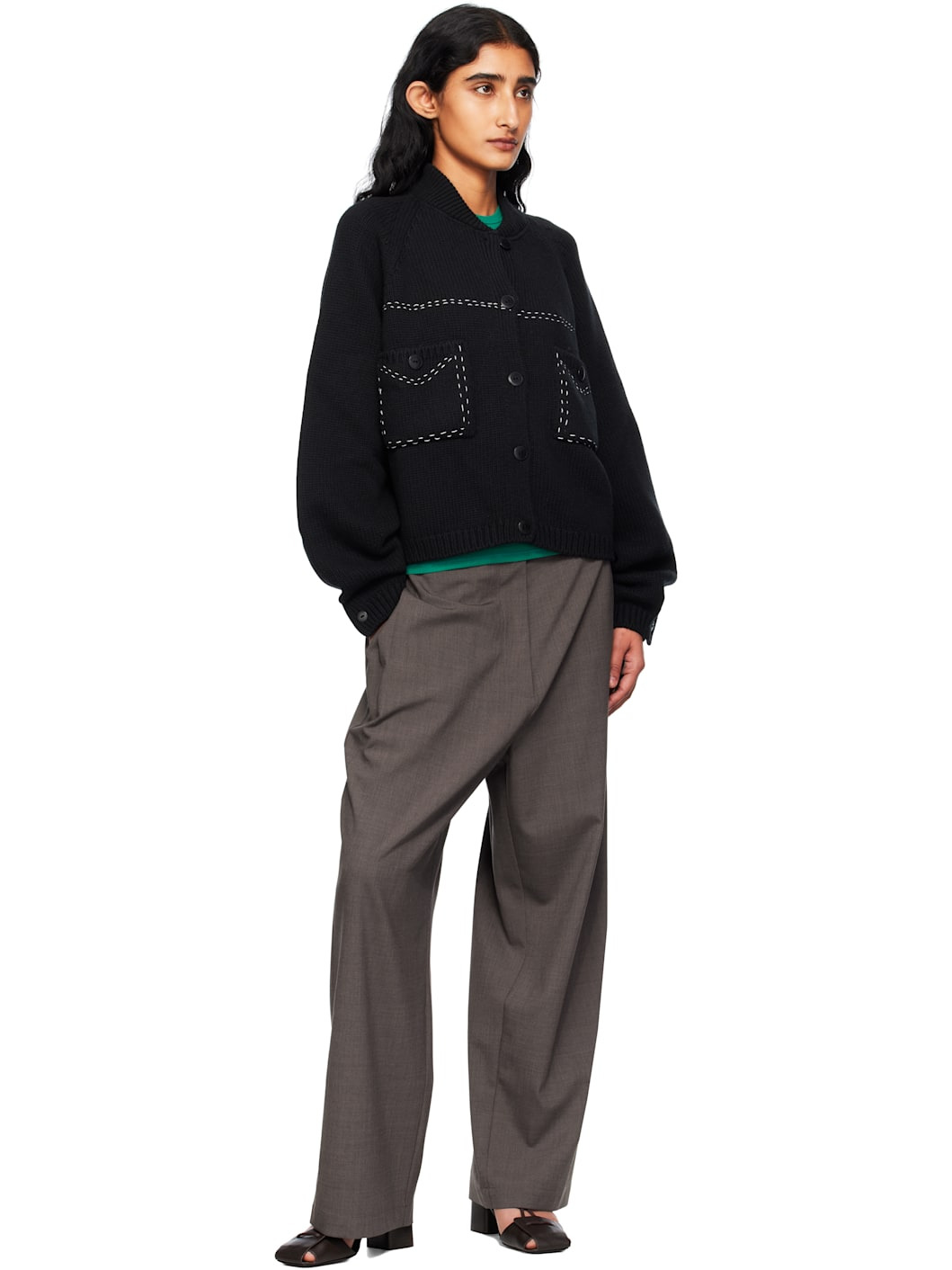 Black Merino Wool Stitched Cardigan - 4
