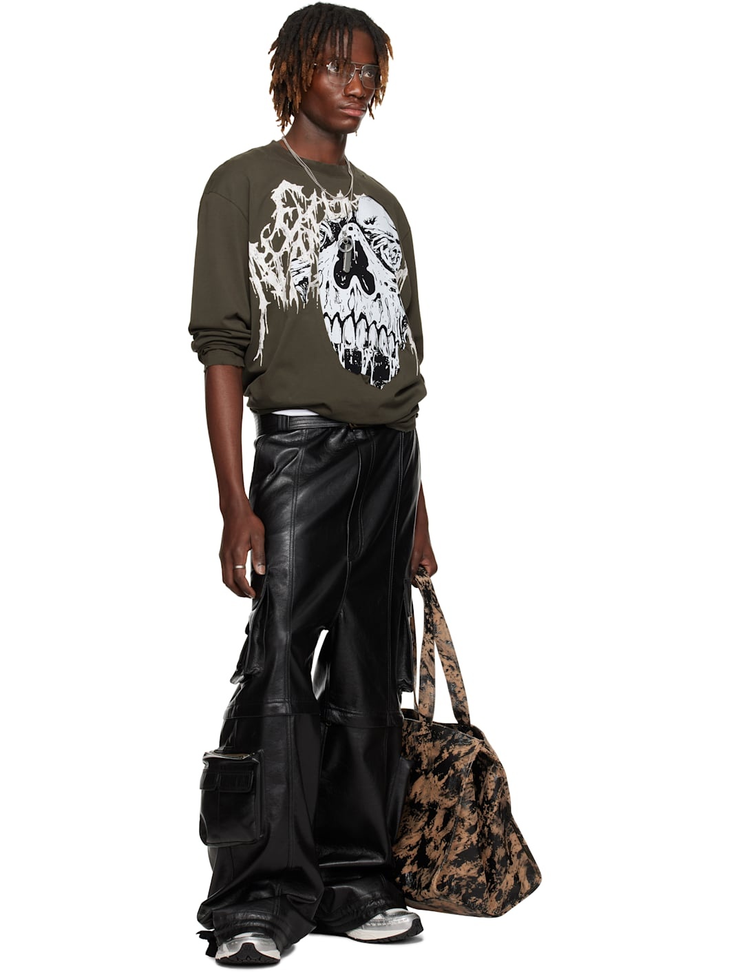 Black Belted Faux-Leather Cargo Pants - 5