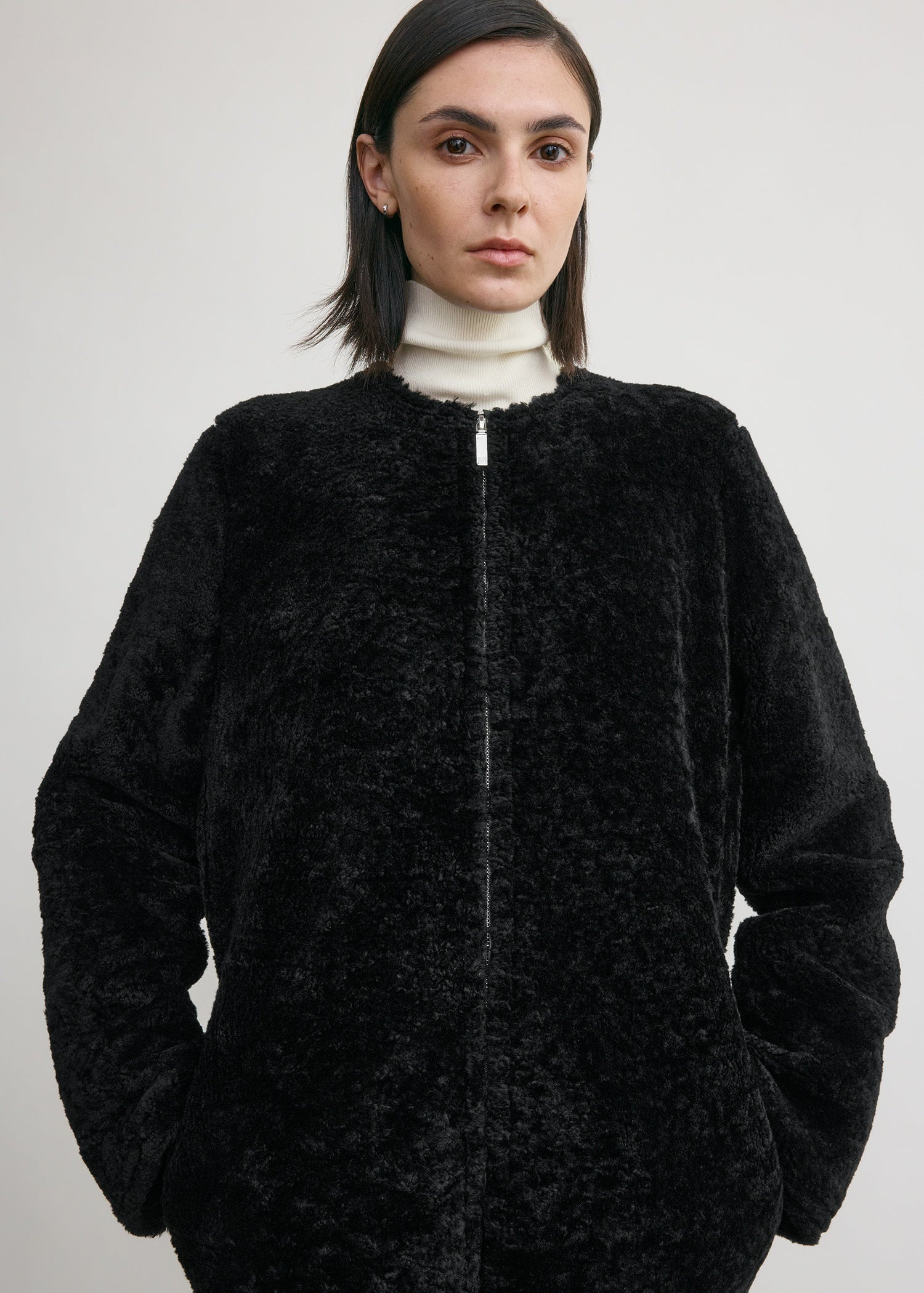 Zipped teddy shearling jacket black - 5