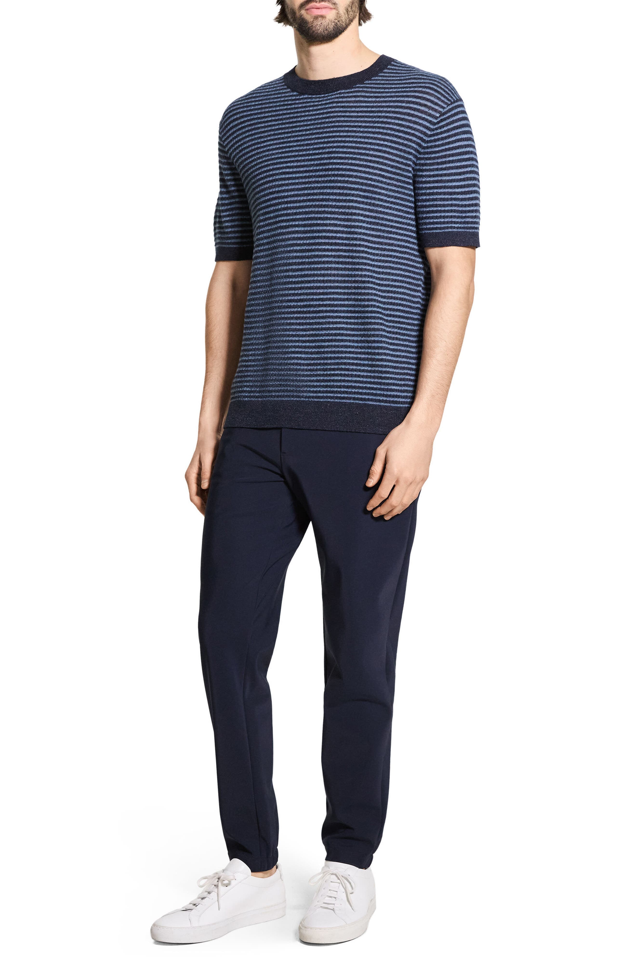 Theory Stripe Short Sleeve Linen & Cotton Blend Crewneck Sweater in Baltic/dark Rainstorm - 9