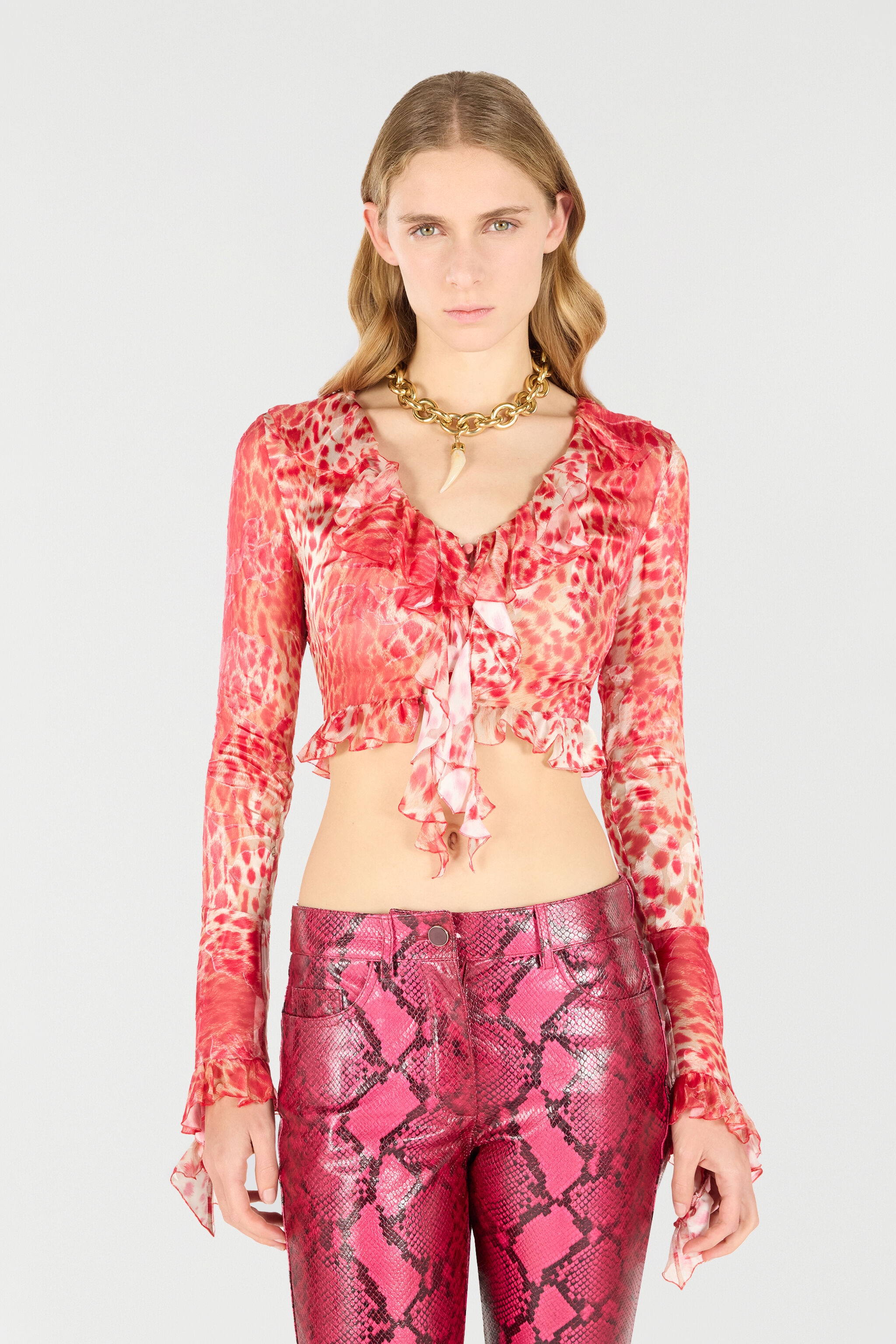 Crop Top With Ruffle And Jaguar Skin Print - 3