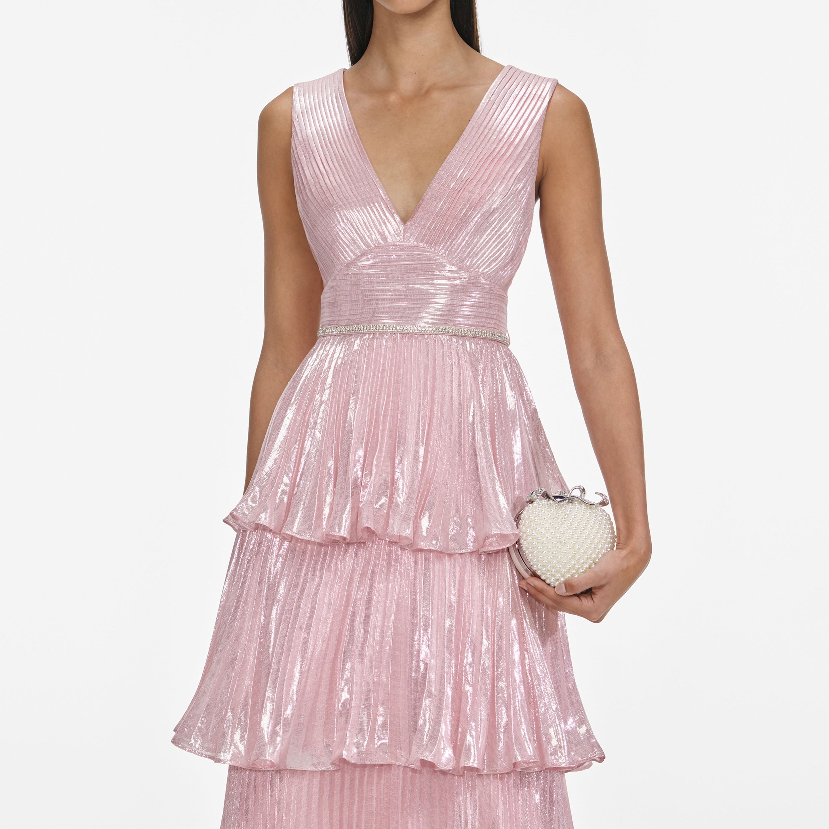 Pink Metallic Tiered Midi Dress - 4