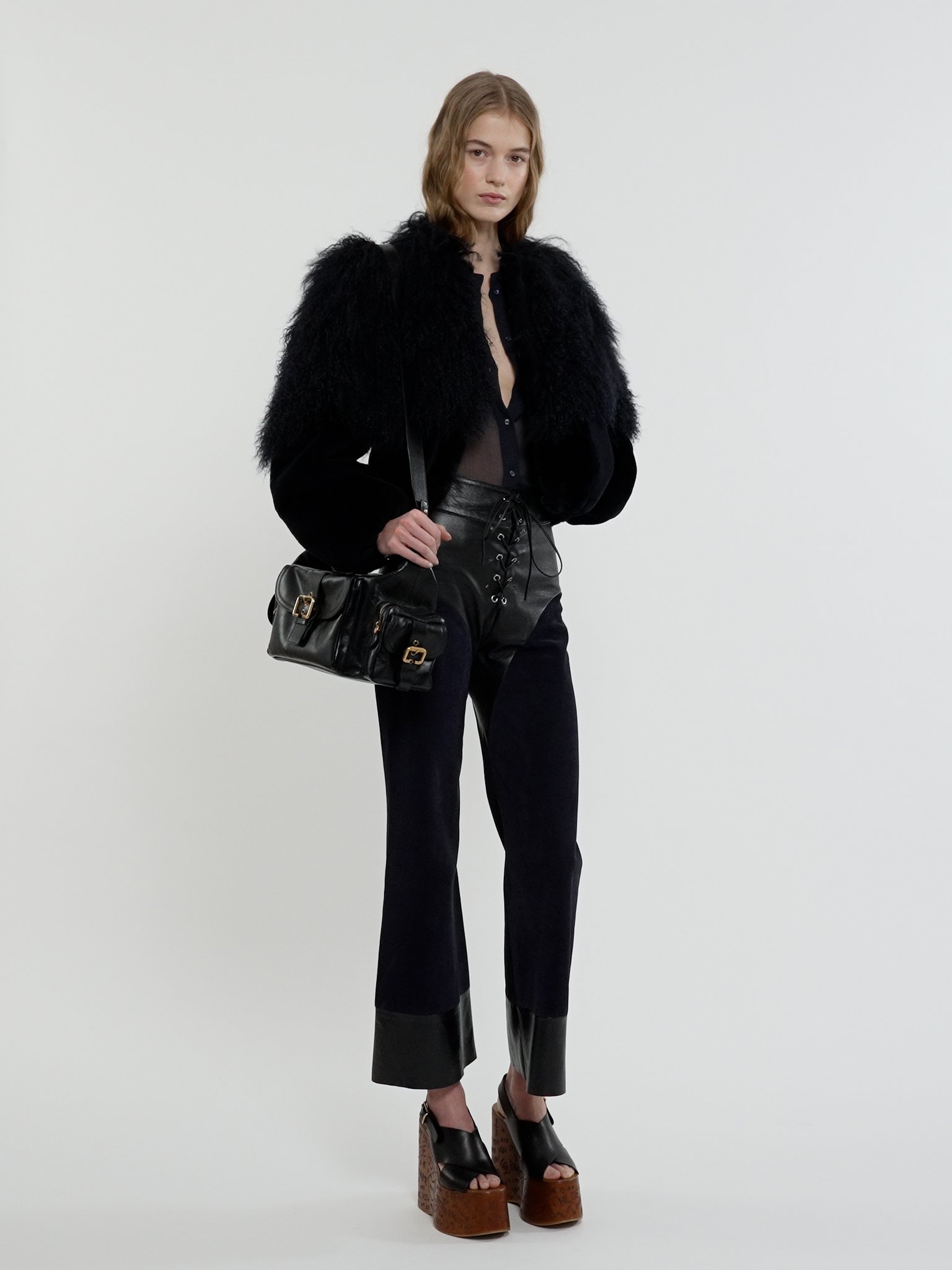 LACE-UP FLARED PATCHWORK PANTS IN LEATHER - 5