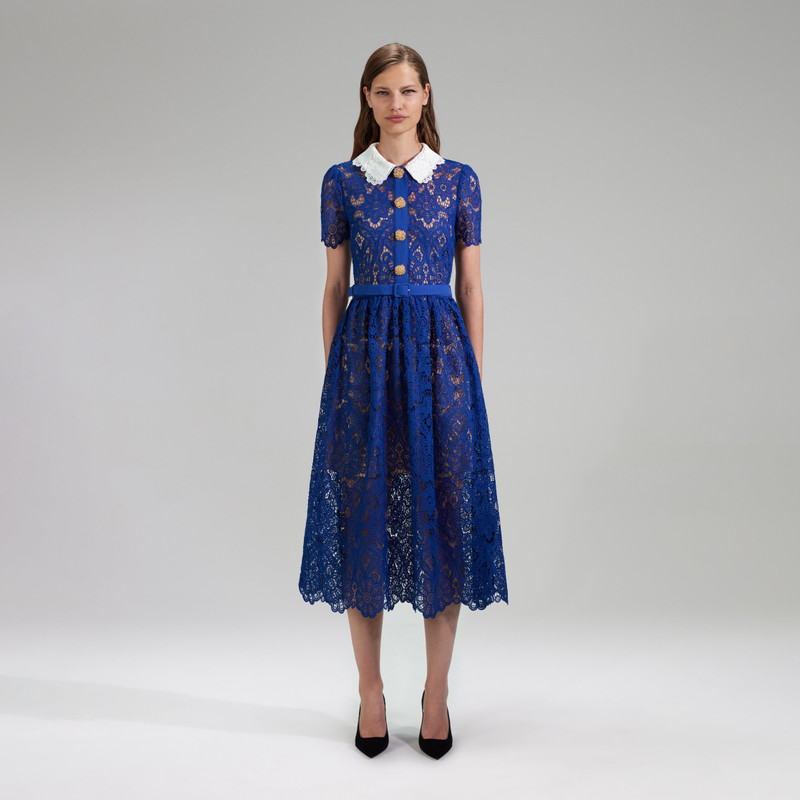 Blue Lace Midi Dress Contrast Collar 1