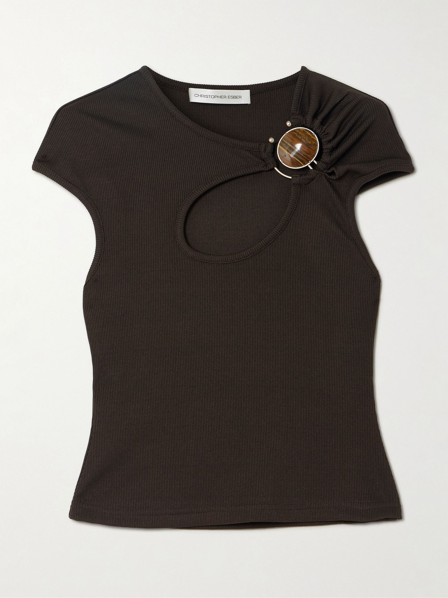 Mineral Stone Hollow cutout embellished ribbed jersey T-shirt Brown - 1