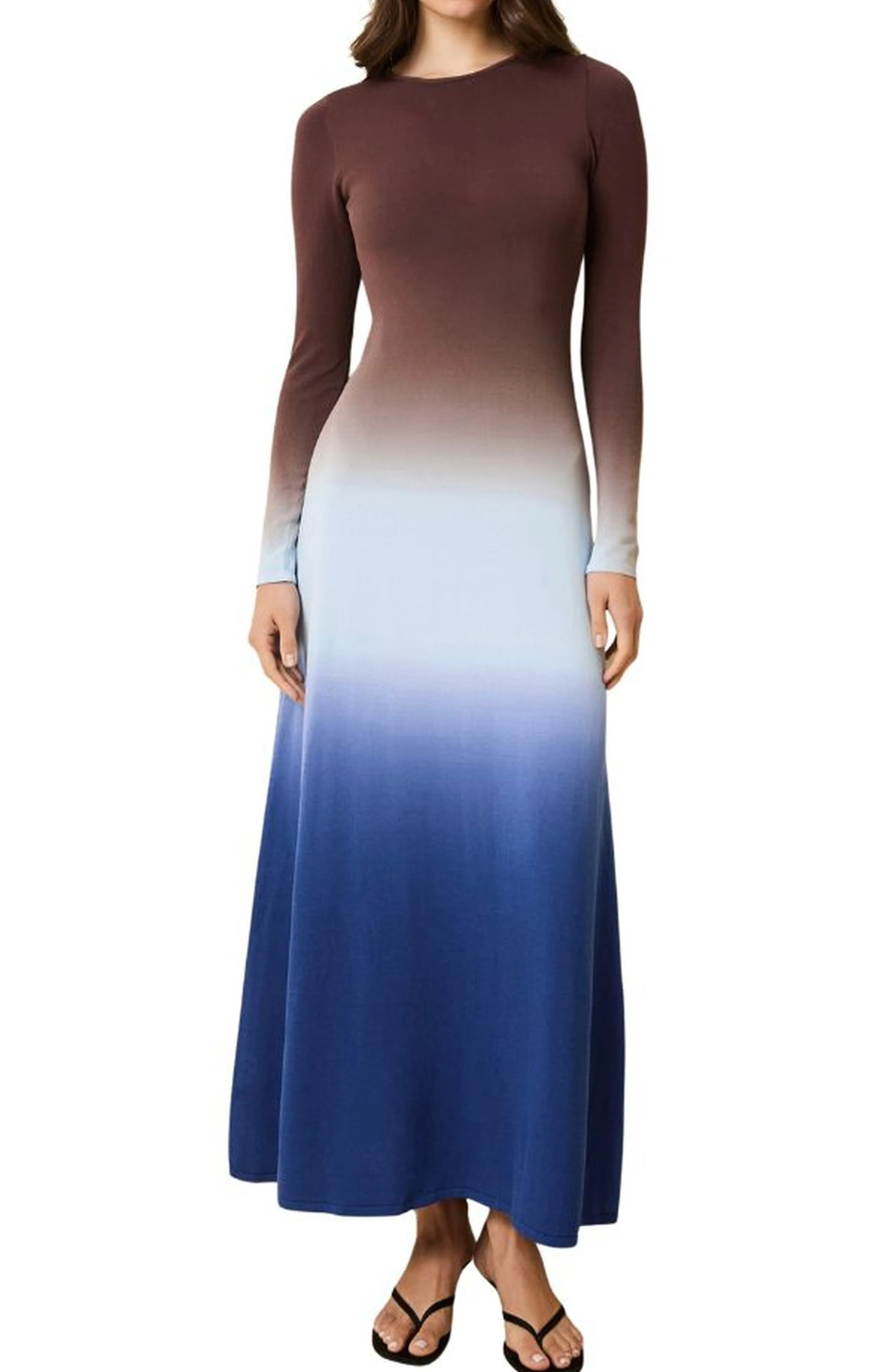 Solid & Striped The Dora Ombré Colorblock Long Sleeve Knit Maxi Dress in Twilight /Raisin Brown at N - 1
