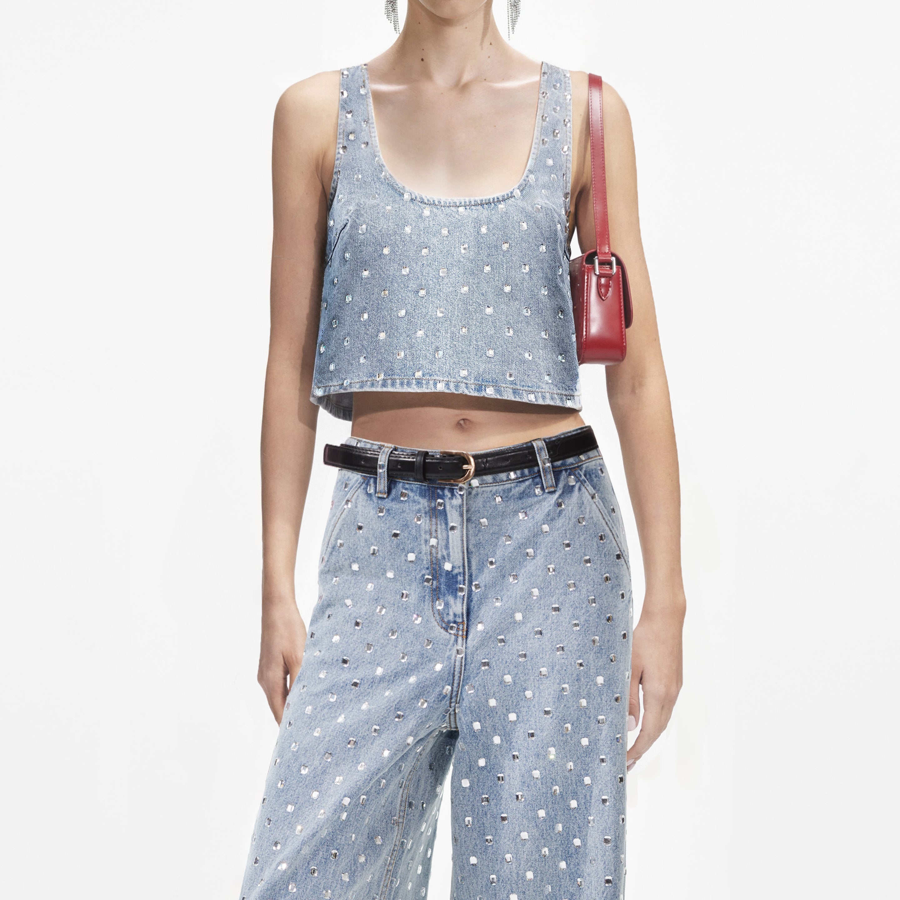 Square Rhinestone Denim Top - 2