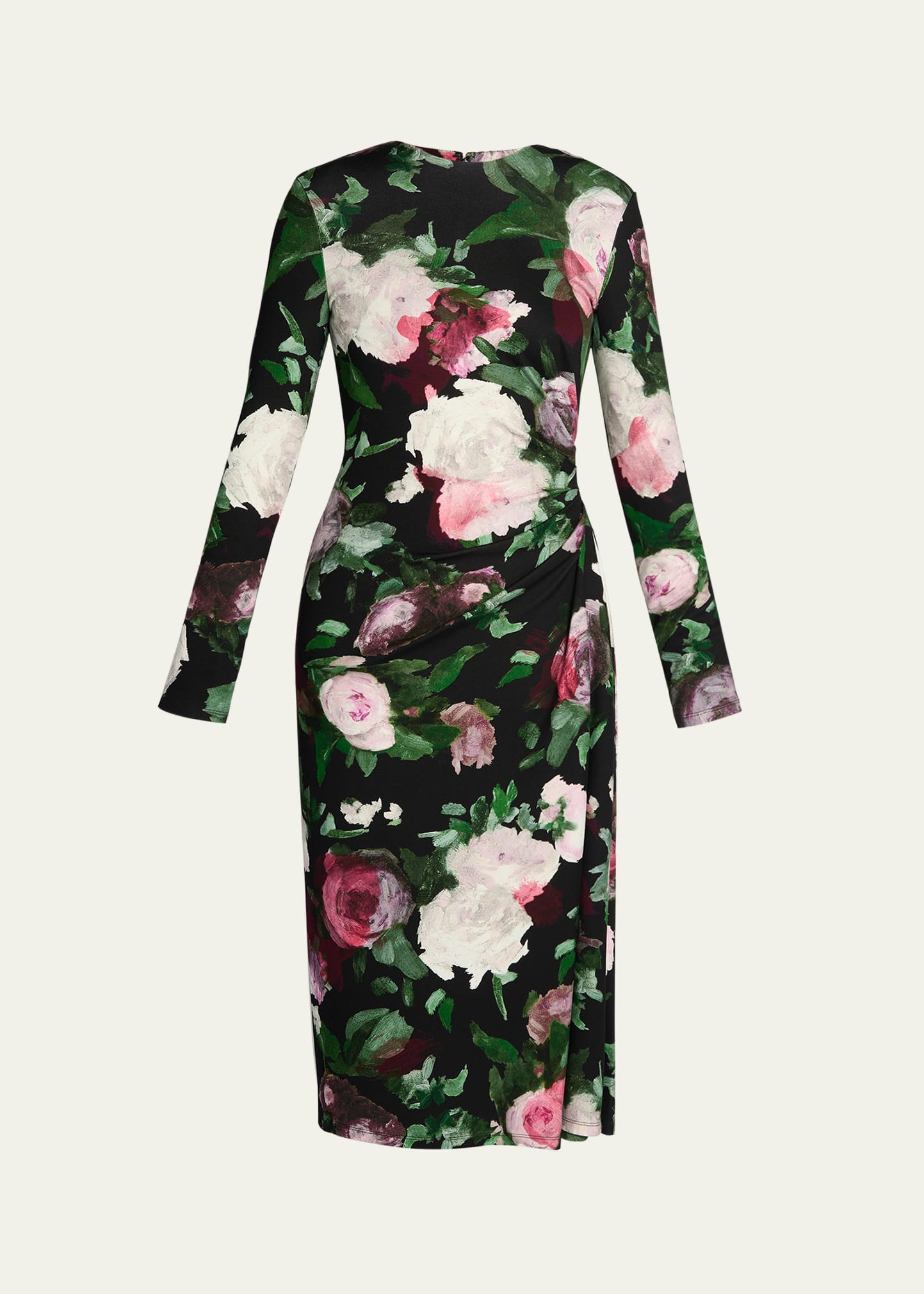 Floral Long-Sleeve Draped Midi Dress - 1