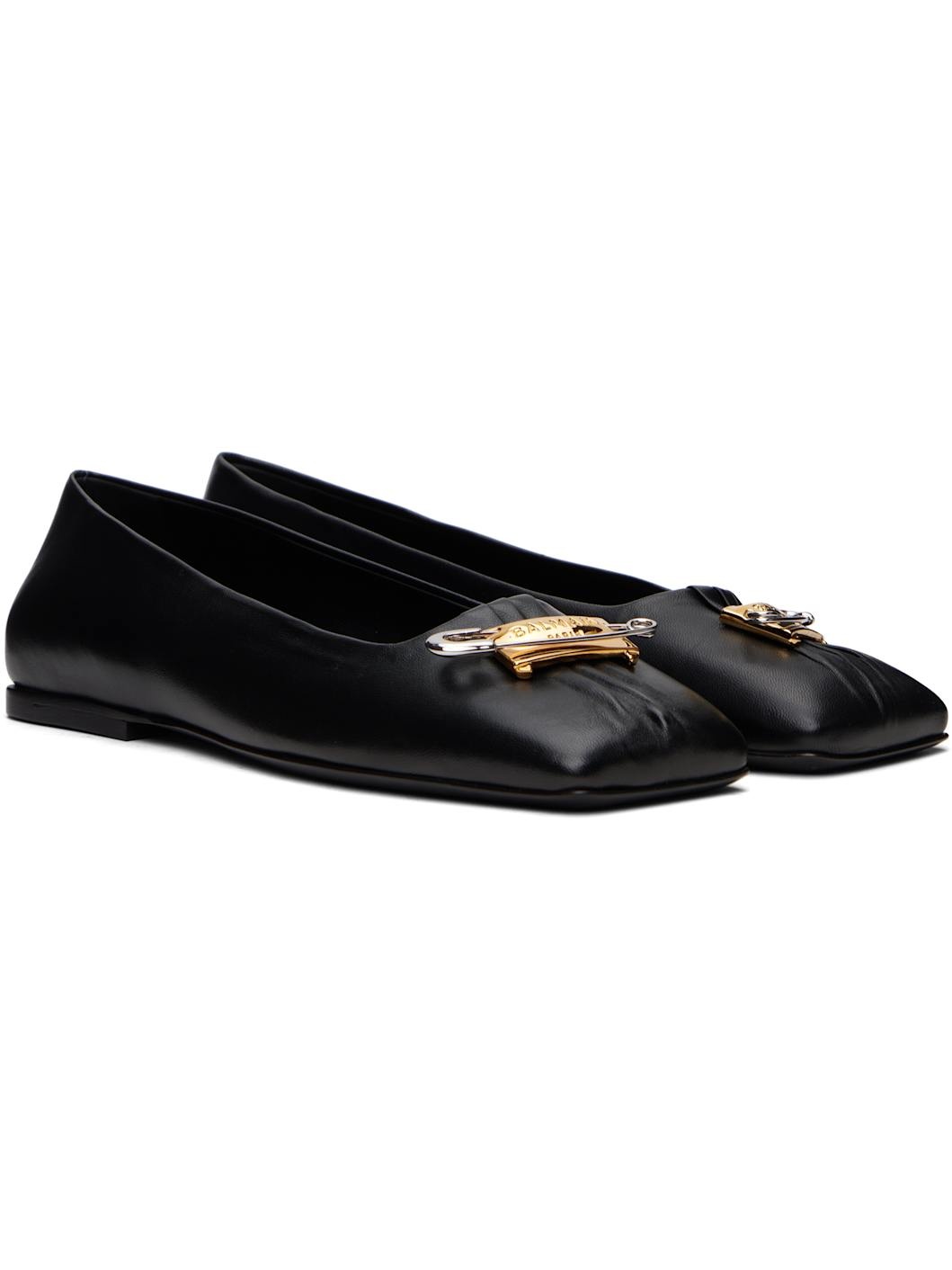 Black Safety Pin Gathered Lambskin Ballerina Flats - 4