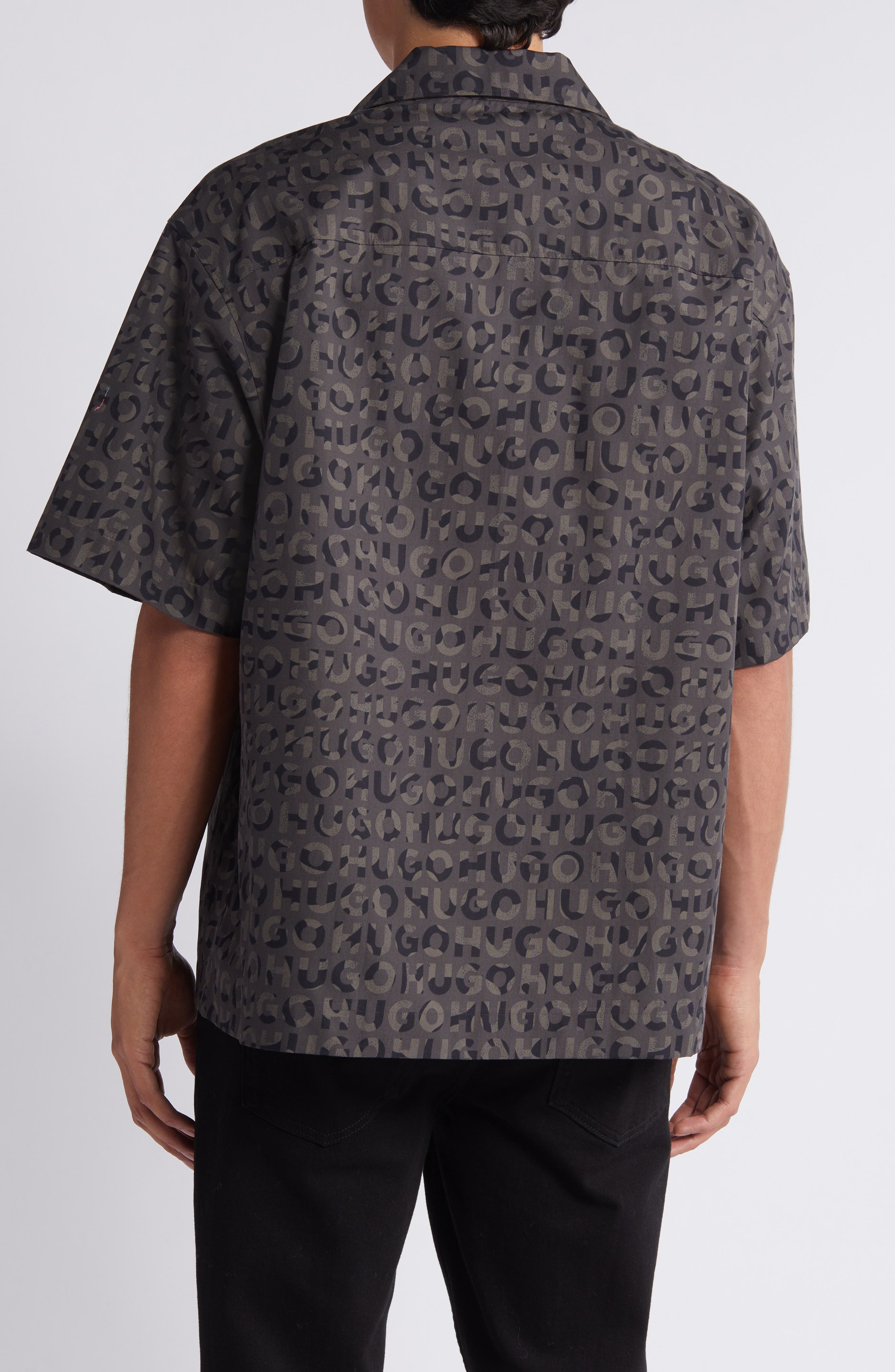 HUGO Egeeno Oversize Camo Logo Camp Shirt in Black at Nordstrom - 3