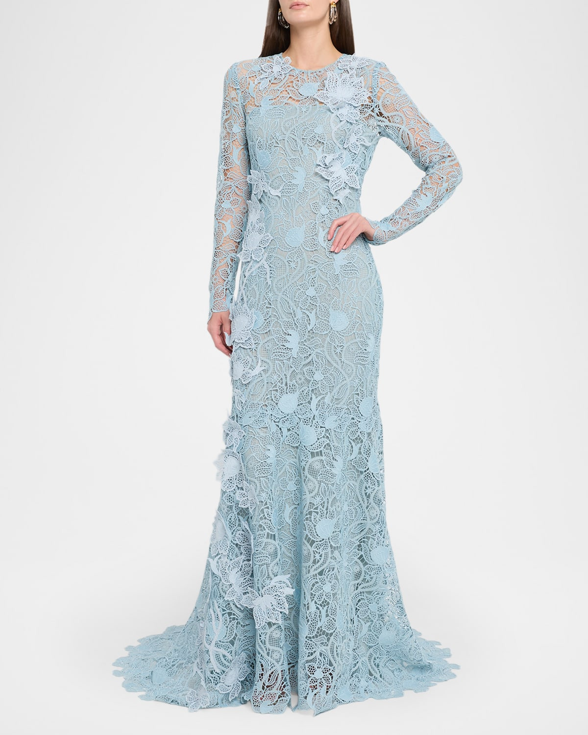 Long-Sleeve Corded Botanical Guipure Gown - 4