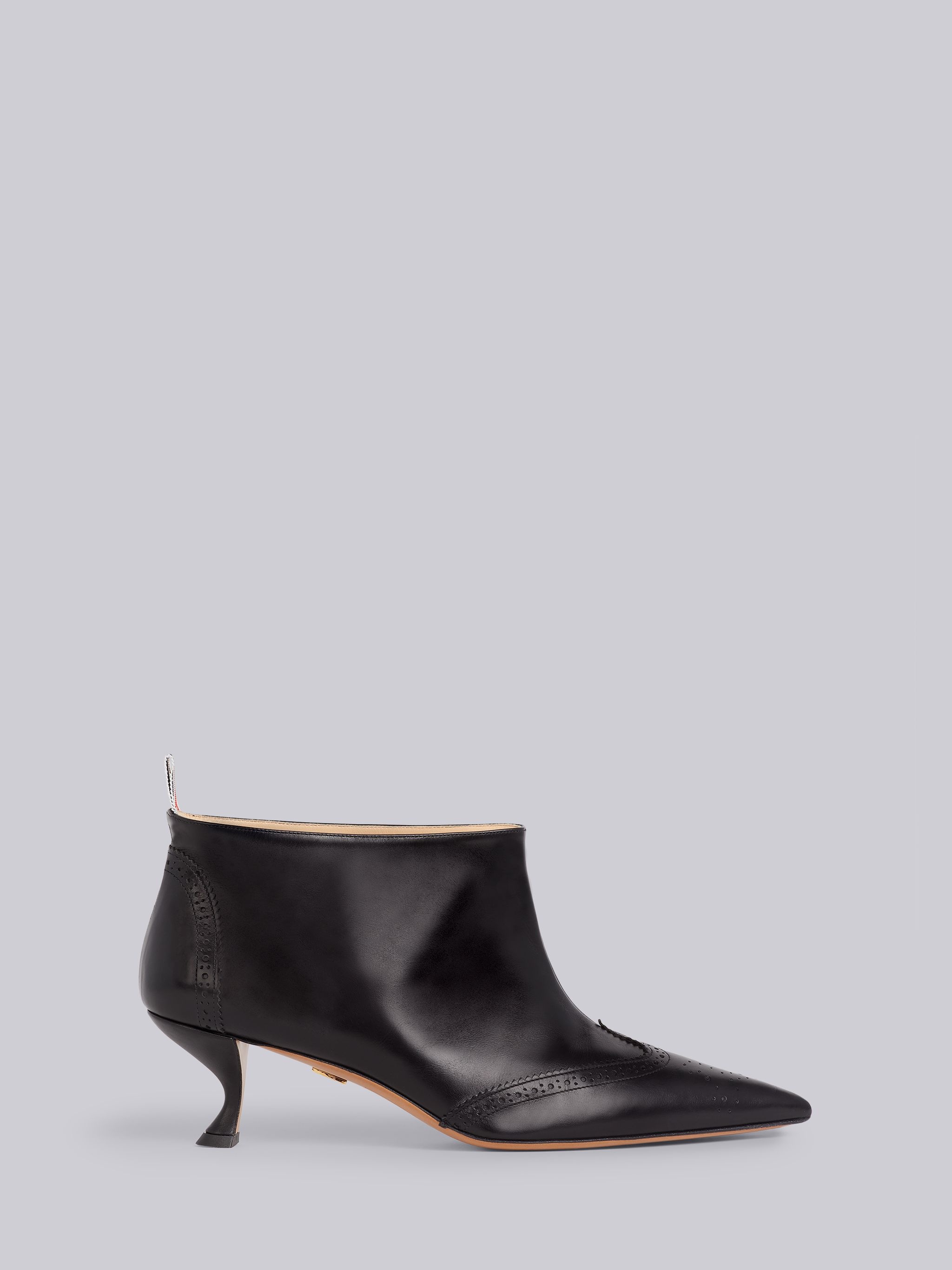 Black Vitello Calfskin Curved Heel Wide Ankle Bootie - 1