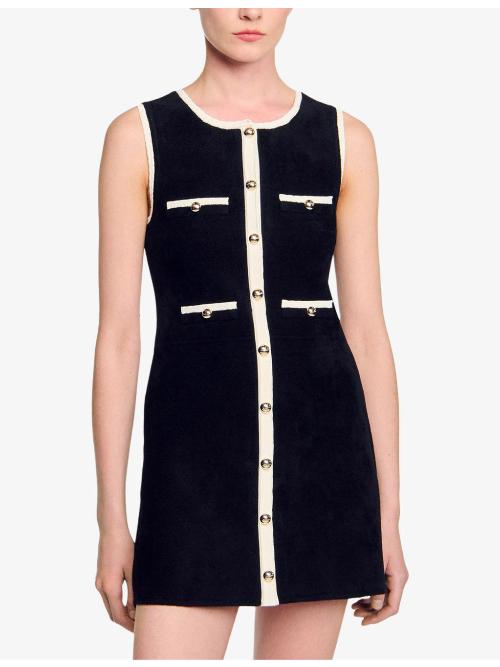 Round-Neck Button-Down Stretch-Velvet Mini Dress - 3