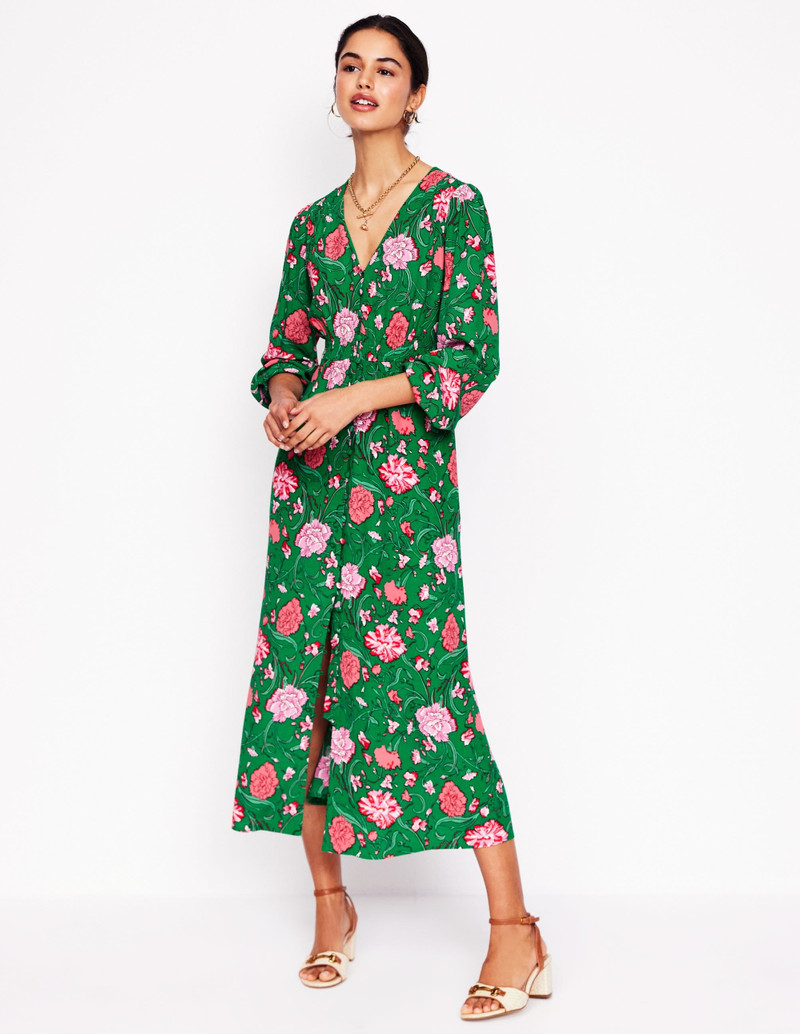Cynthia Button Tea Dress-Rich Emerald, Carnation Vine 5