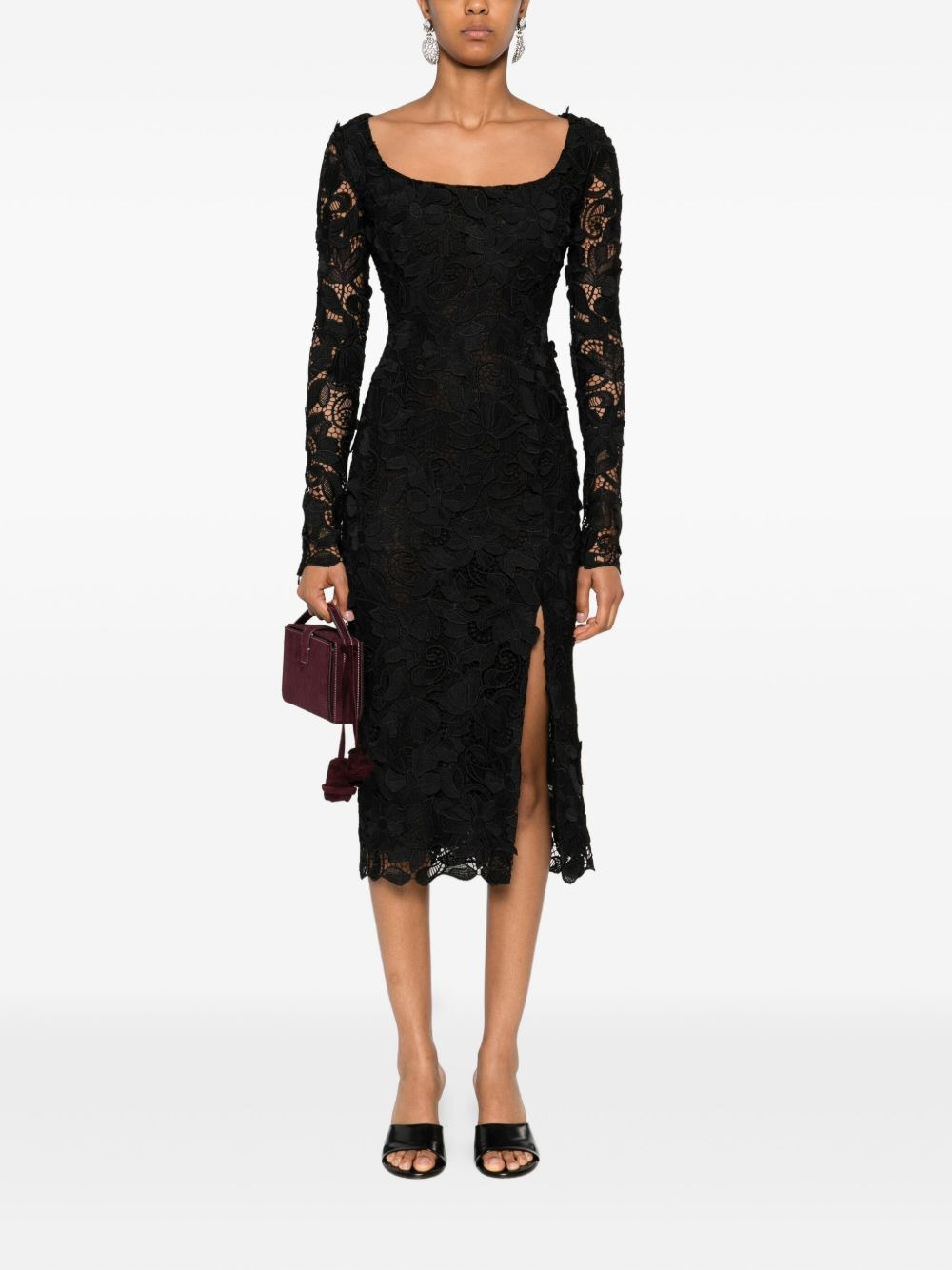 floral-lace long-sleeves midi party dress - 2